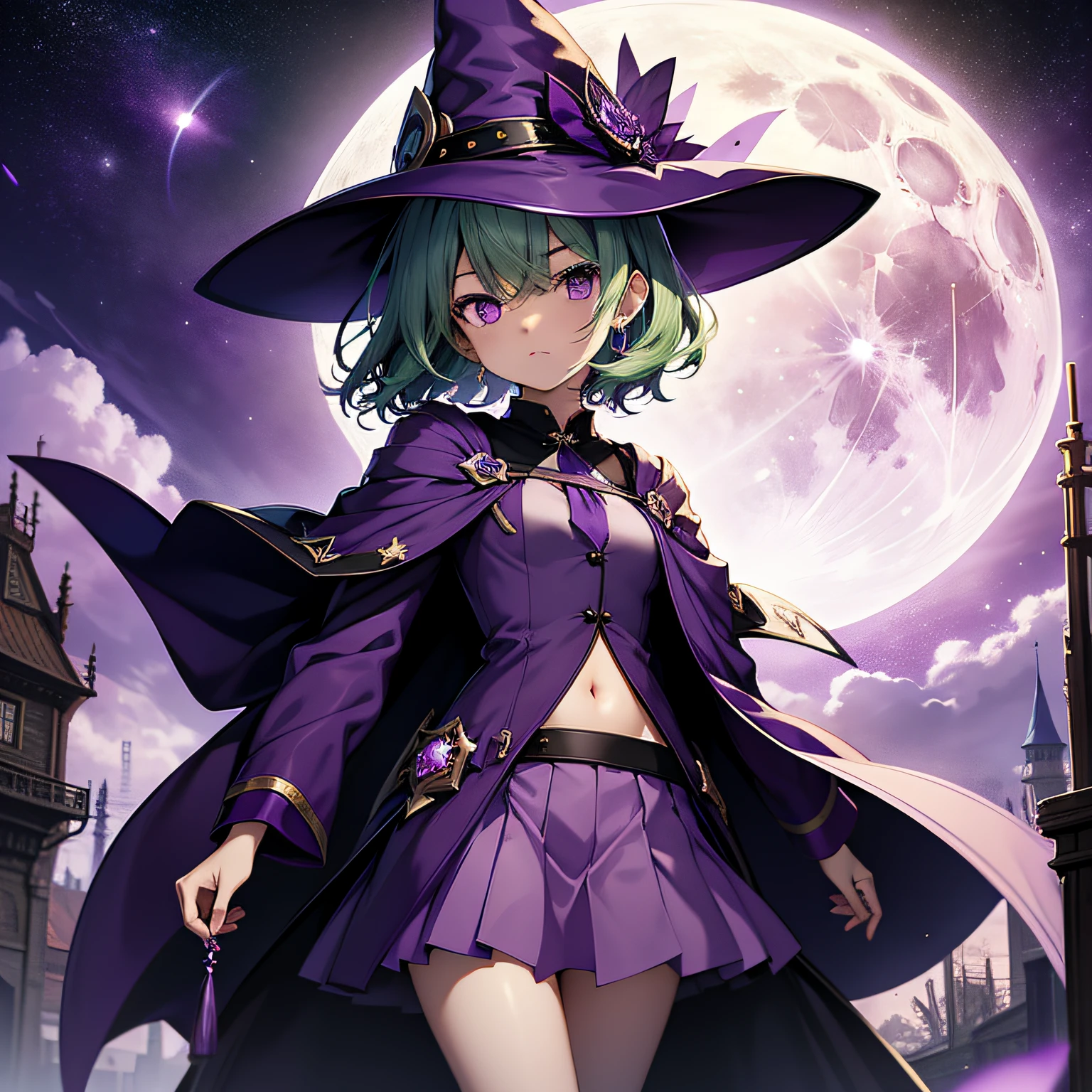 top-quality、extremely delicate and beautiful、(A girl)、Purple Eye、Green hair、short-haired、(purple witch hat)、Purple tie、Soio、shortsleeves、Purple skirt、Purple Wizard Robe、Navel、is standing、Full moon night on background