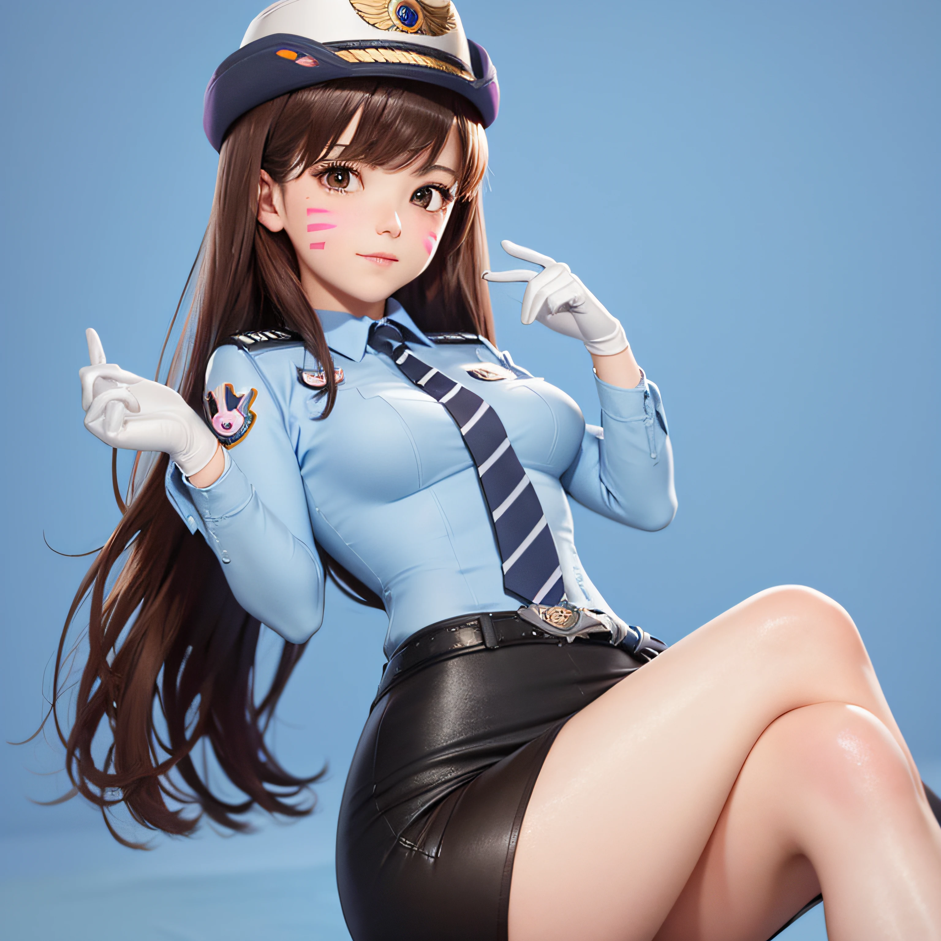 (detailed blue background), masterpiece, best quality, Officer_DVa, female_service_cap, brown_eyes, pink_facial_mark, waist up, (((bodycon miniskirt))), belt, tie clip, tucked in shirt, sitting in chair, crossed legs,