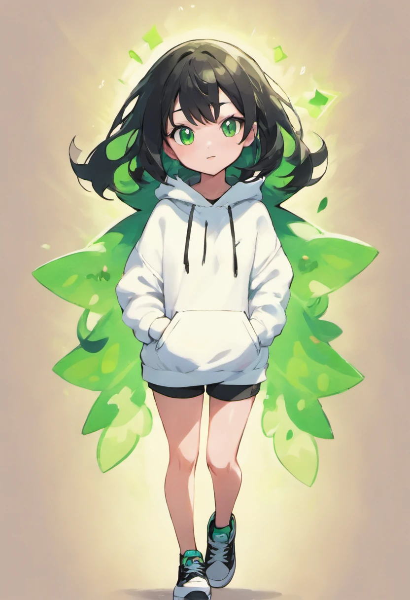 petite girl, white hoodie, Green eyes, black sneakers, black hair.