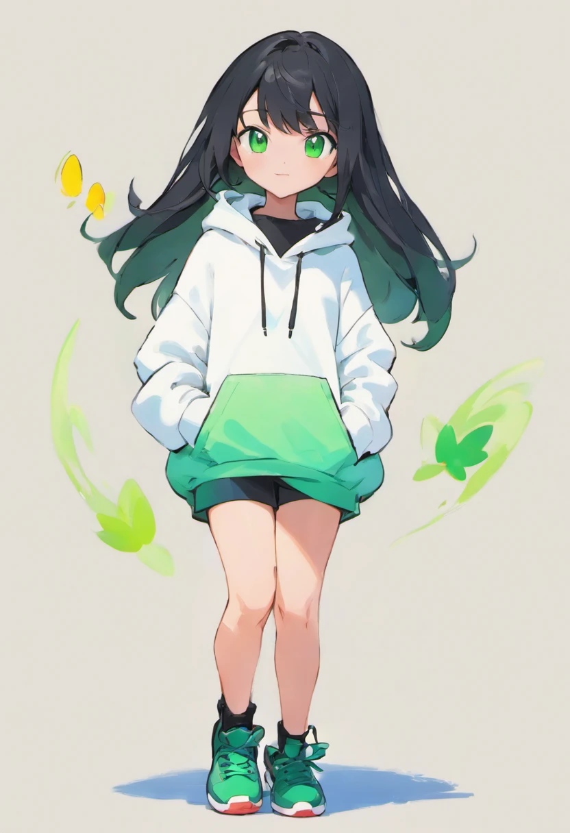 ite girl, white hoodie, Green eyes, black sneakers, black hair.