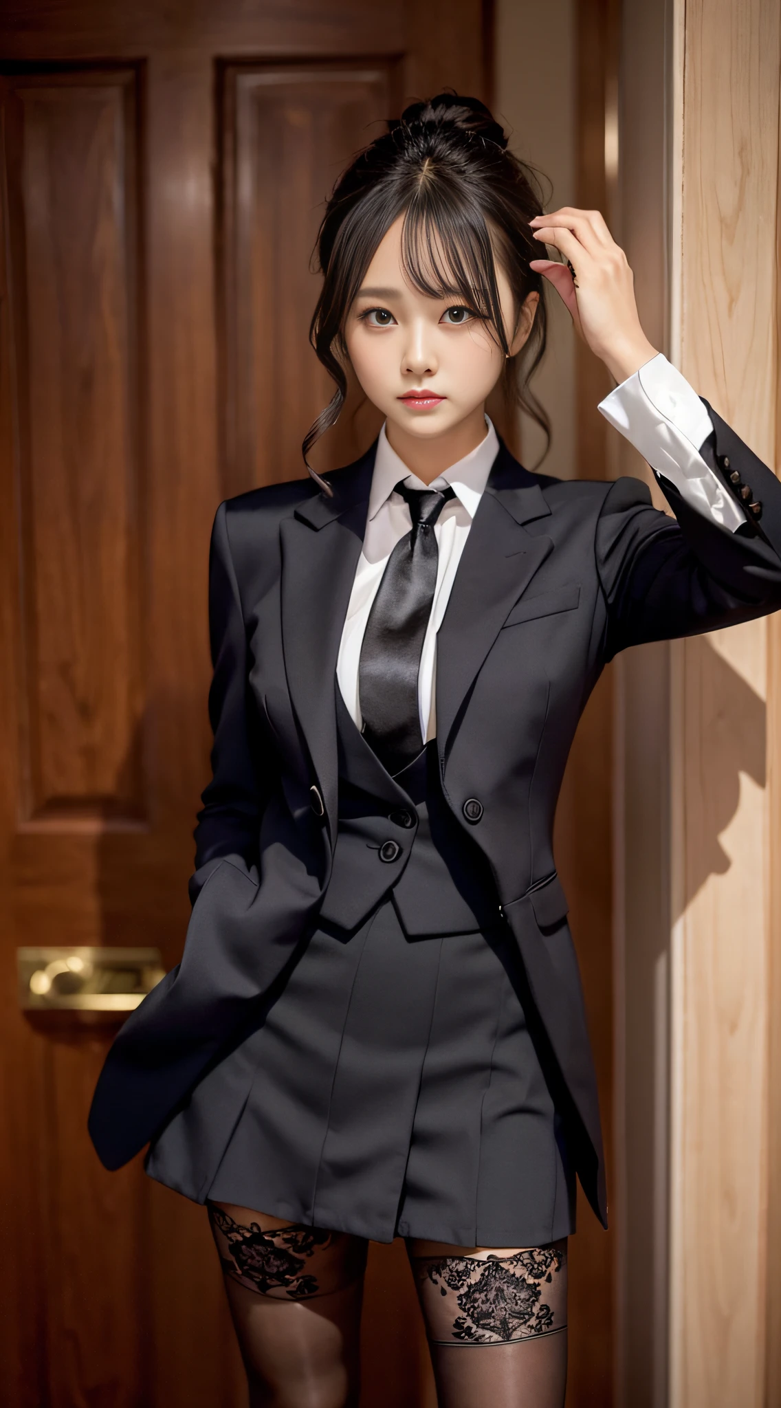 Charming beauties、Patterned pantyhose、Suit jacket、Black tight skirt、beauty legs、Dyed in darkness、lacy fabric