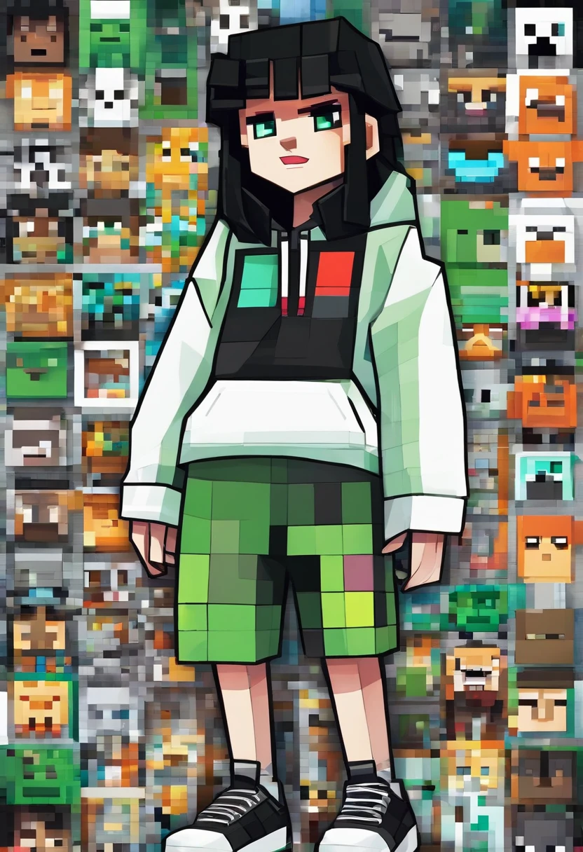 petite girl, white hoodie, Green eyes, black sneakers, black hair.