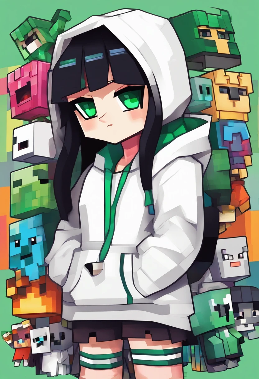petite girl, white hoodie, Green eyes, black sneakers, black hair.