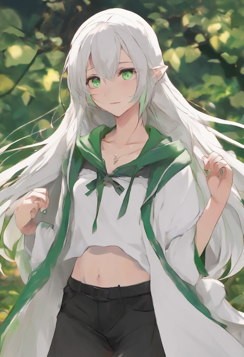 ite girl, white hoodie, Green eyes, black sneakers, black hair.