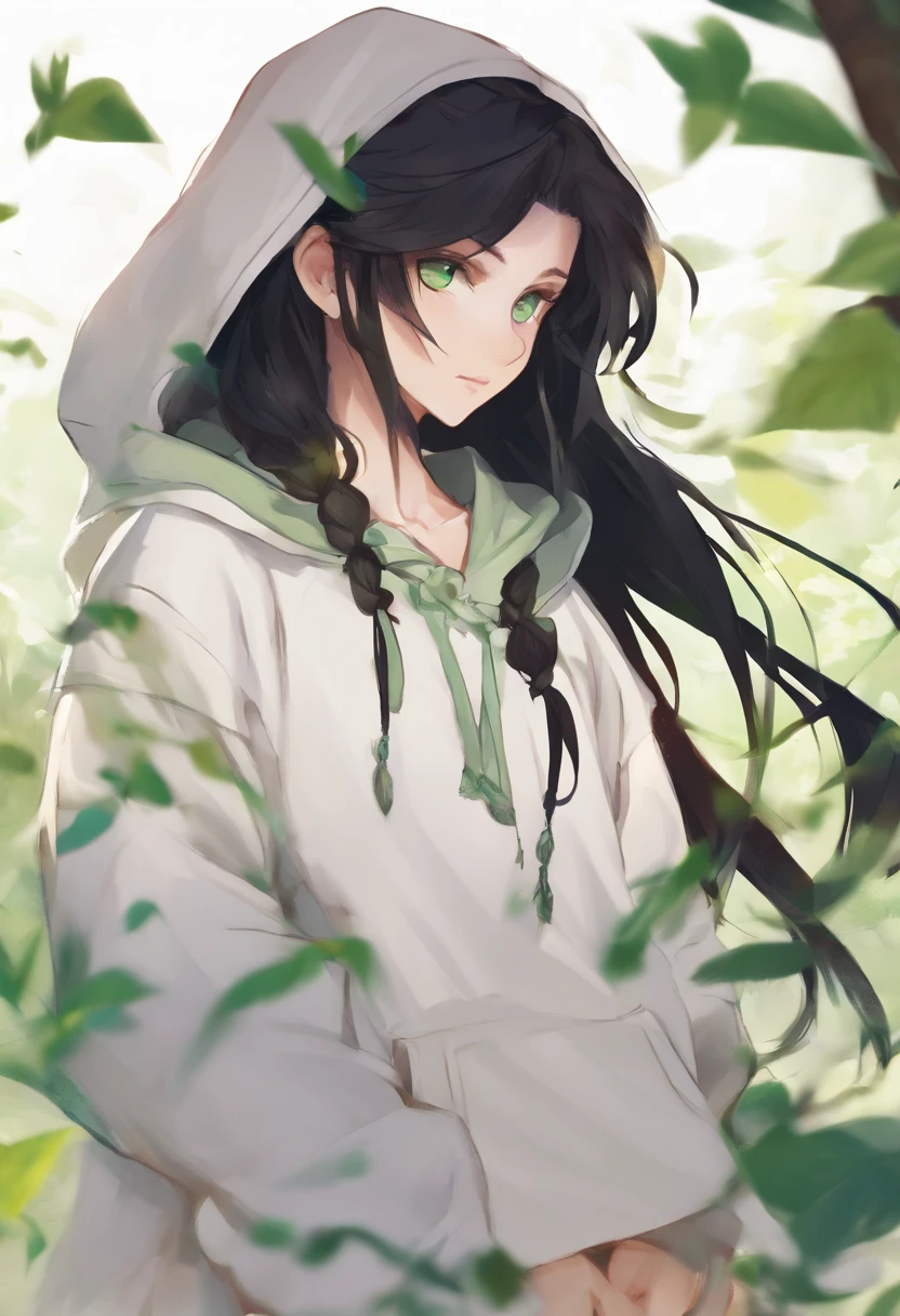 ite girl, white hoodie, Green eyes, black sneakers, black hair.