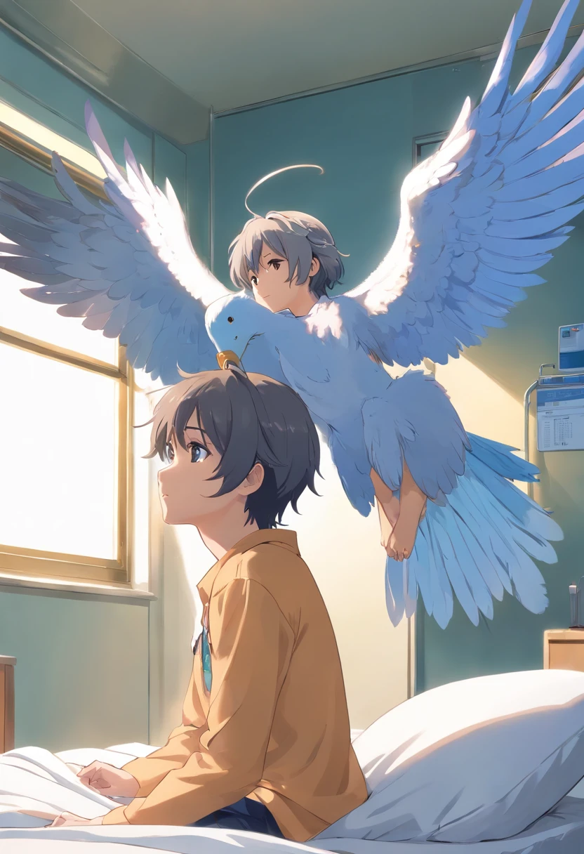 in a small white hospital room, a young skinny girl with grey hair is sitting on the patient's bed near the window on the left side of the picture. She stared at the end of her bed, where a completely white skinny male angel just the same size as her who also looking at her. The angel not wearing clothes, he has a glowing blue halo on his head and a large eagle wing on his back