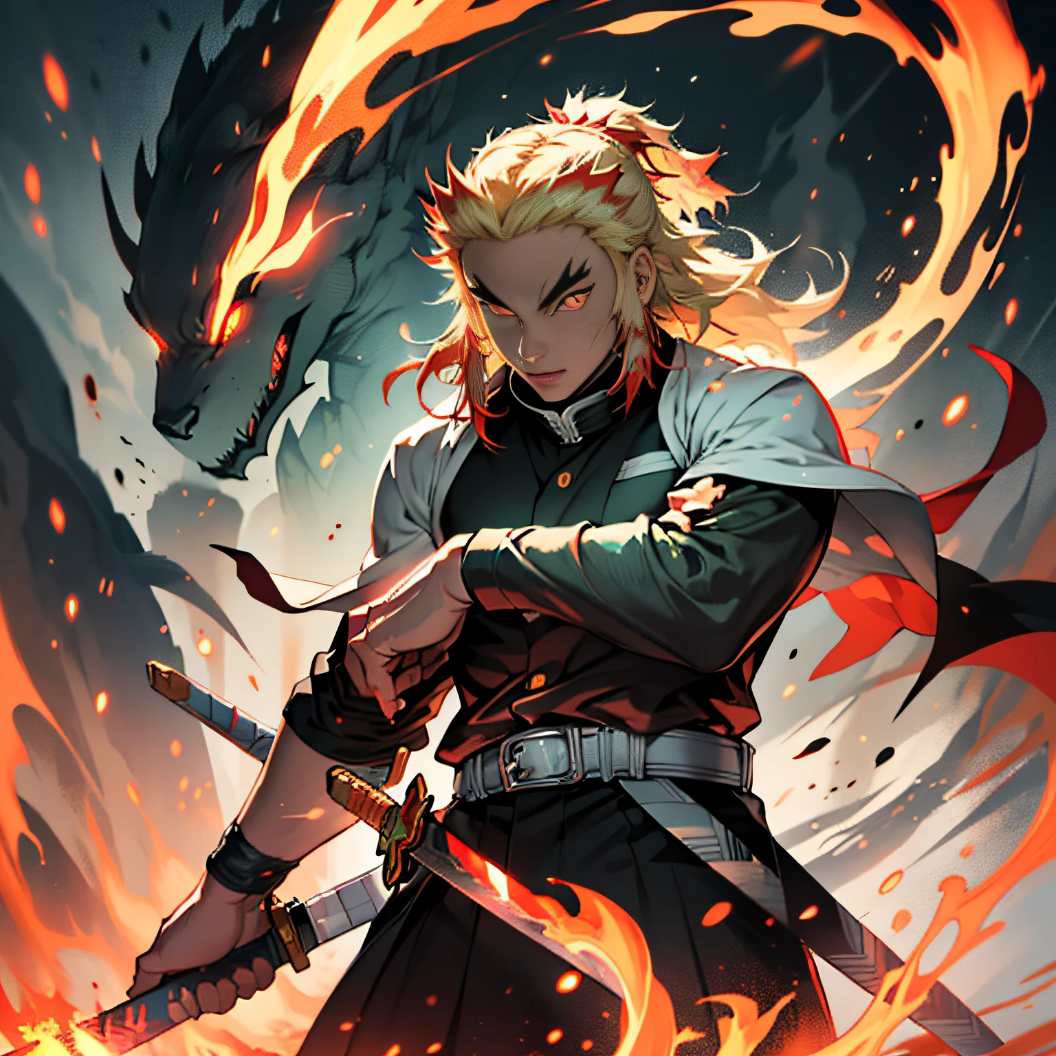 (extremely realistic, high definition character design), Rengoku Kyojuro standing in Sage Of Six Path Mode(Naruto), majestic and powerful,(red glowing eyes:1.2),(glowing sword:1.3), flames engulfing his body, dynamic pose, standing on a burning battlefield, intense light and shadow contrast, high saturation colors, vivid and impactful.