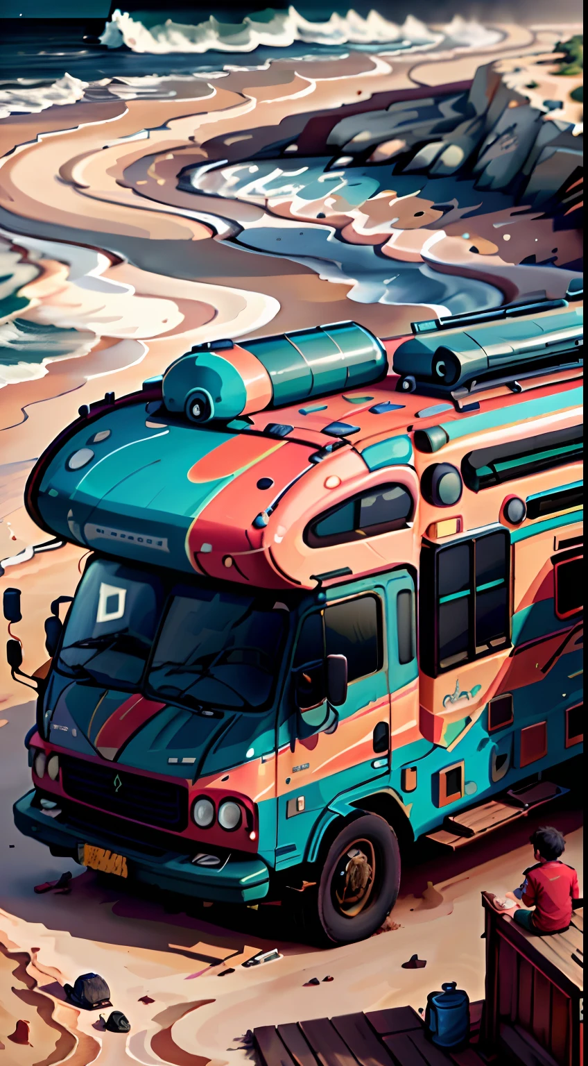 (A motorhome dragged a yacht to the beach:1.3),(A mother and two young boys sit around a campfire:1.0),Happy family,
Background with: Beach at night
High detail, , Anatomically correct, textureskin,abstract pattern