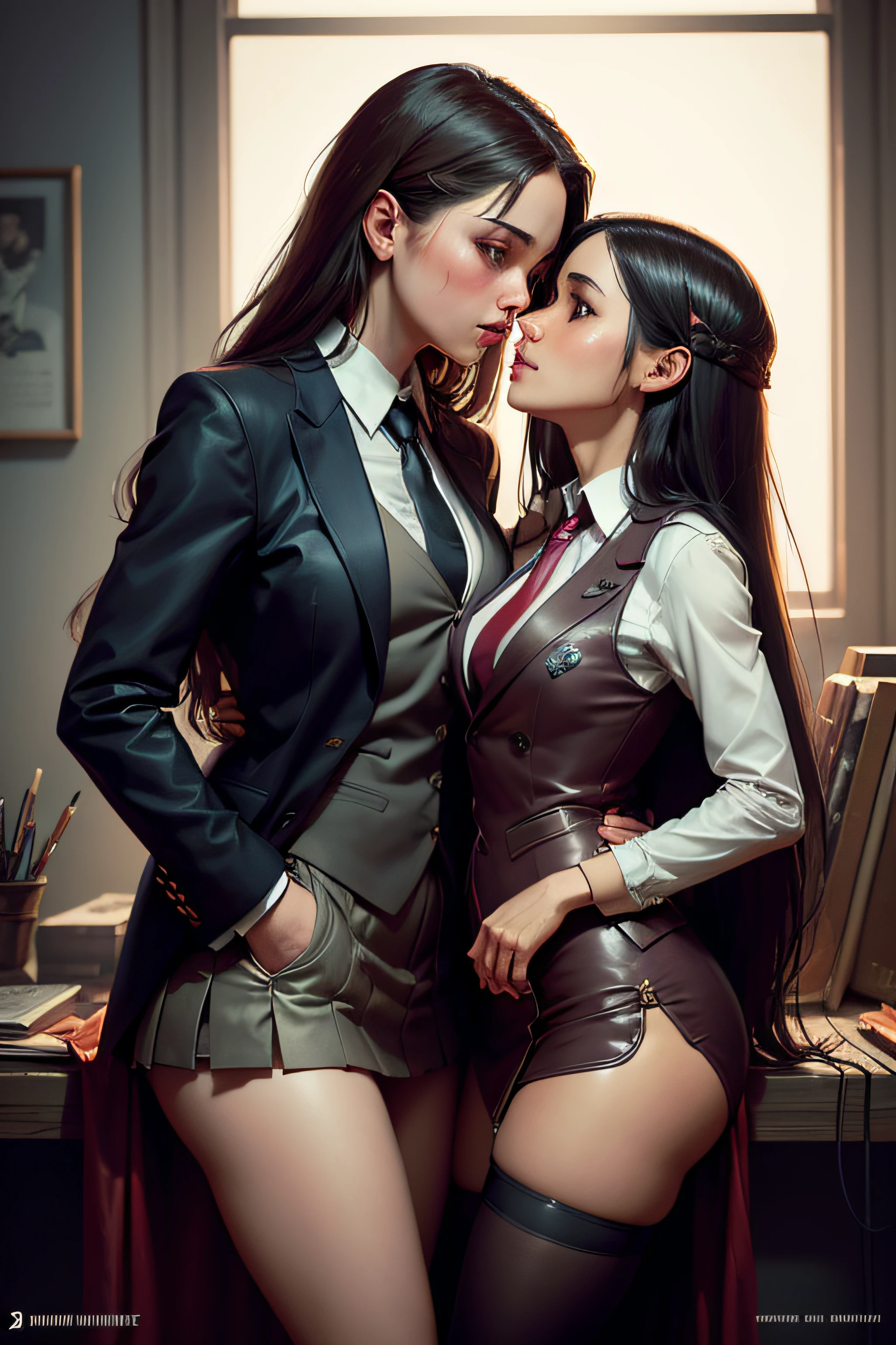 2 girls,girl with long hair embracing and kissing, sharing a tender, erotic moment, wearing skirt suit, suit and tie, (((three-piece suit))), silk dress shirt, shirt and tie, necktie, ((blazer)), ((suit jacket)) ((waistcoat)), bodycon miniskirt, cinematographic frame, distopian future, ultra realistic, 8k, vibrant, detailed, zbrush, comic book illustration, trending at artstation, by peter mohrbacher, by wlop, by ruan jia, by alphonse mucha, by dmitry prozorov, by norman rockwell,