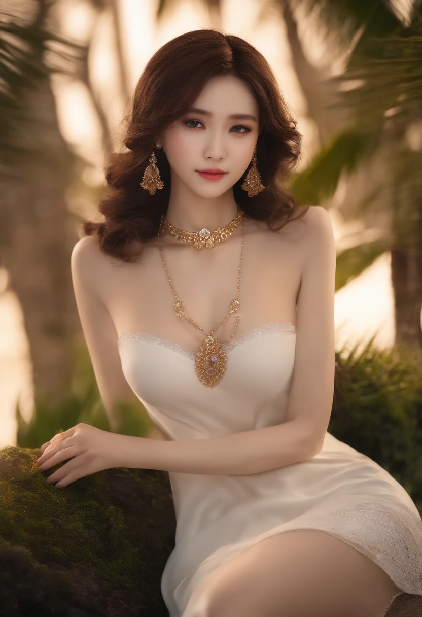fashion editorial, realism, erotic korean model, different cinematic model positions, very beautiful high detailed face and body, Princess in Sisi Style chain Jewellery gems harness lingerie, stocking, shiny, dynamic lights, ultrarealistic, different cinematic images, Royal Palace, in 1866 playing with a ball in a garden, breathtaking beautiful scene,