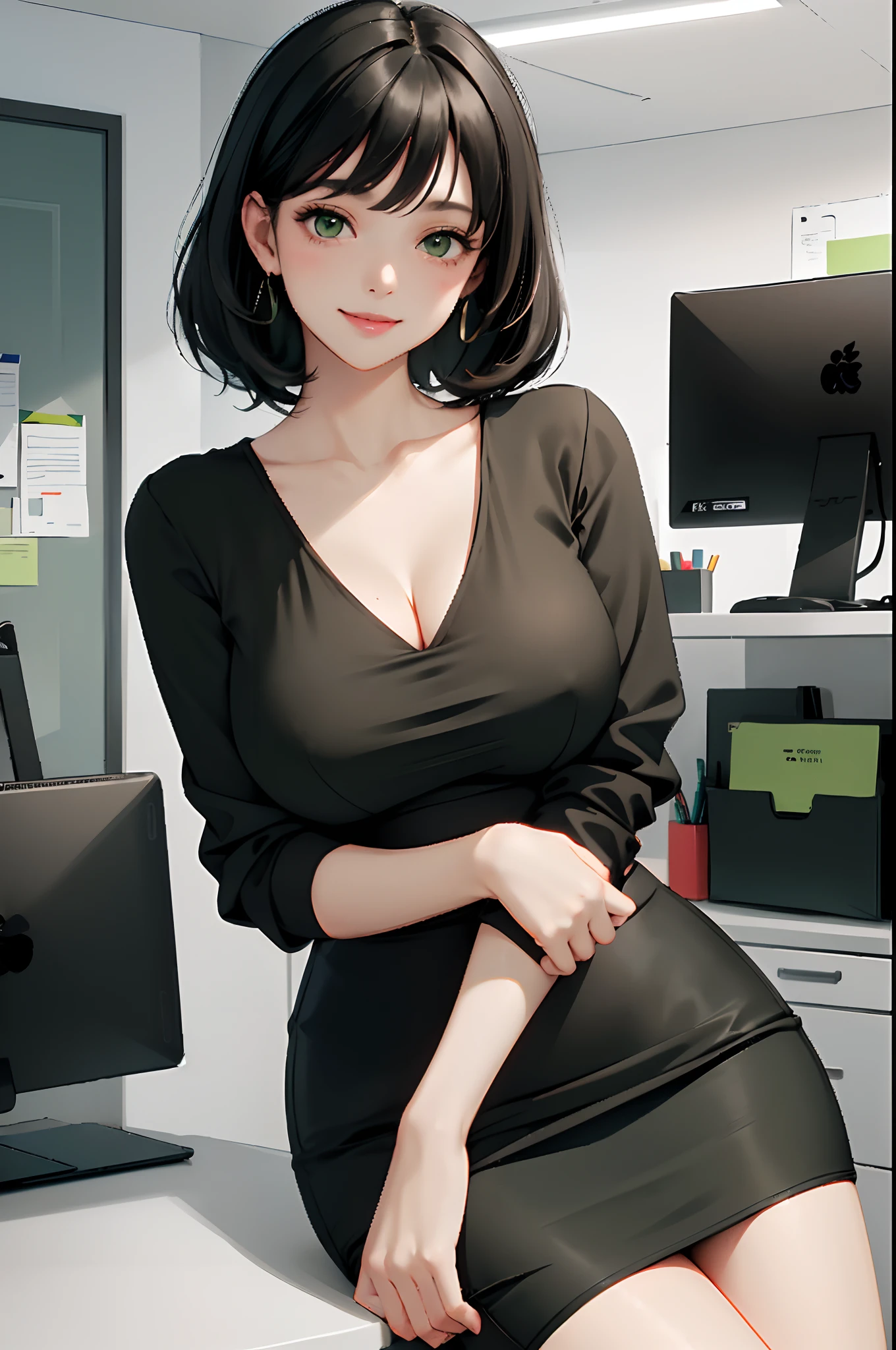 /(modern office indoors/), 1lady solo, /(black medium hair/) bangs, /(office casual pencil skirt green/) /(id card/), blush kind smile, (masterpiece best quality:1.2) delicate illustrations high resolution ultra-detailed, large breasts