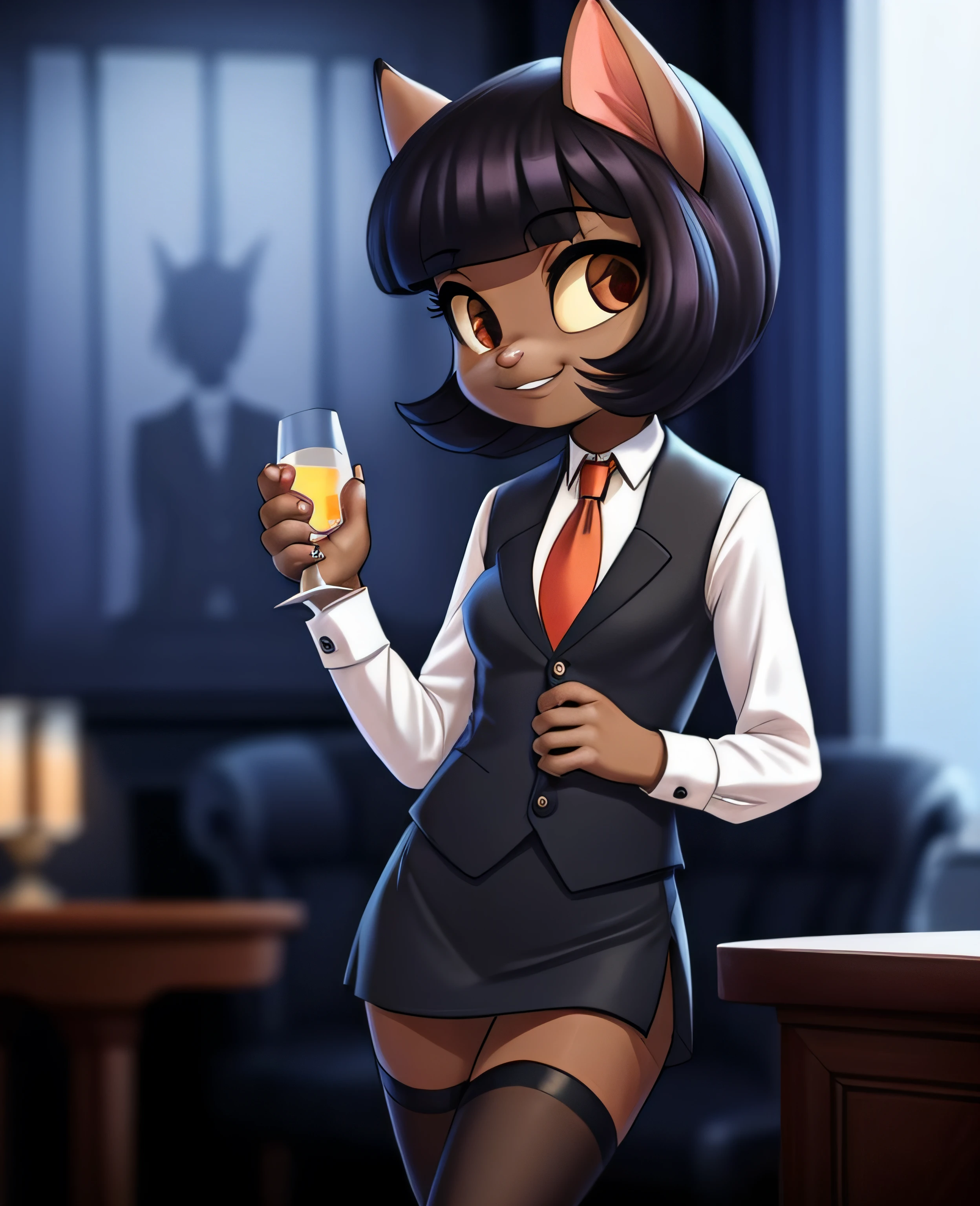 female, (Detailed face), (solo:1.1), [(thin:1.1) : small petite : (ivy pepper):4], (Detailed face), (more details, detailed background:1.1), (tail:1.1), smile, holding a glass in hand, white skirt suit, suit and tie, (((three-piece suit))), silk dress shirt, shirt and tie, striped necktie, ((blazer)), ((suit jacket)), open jacket, ((waistcoat)), bodycon miniskirt, tights, pocket square, tie clip, pocket watch chain,