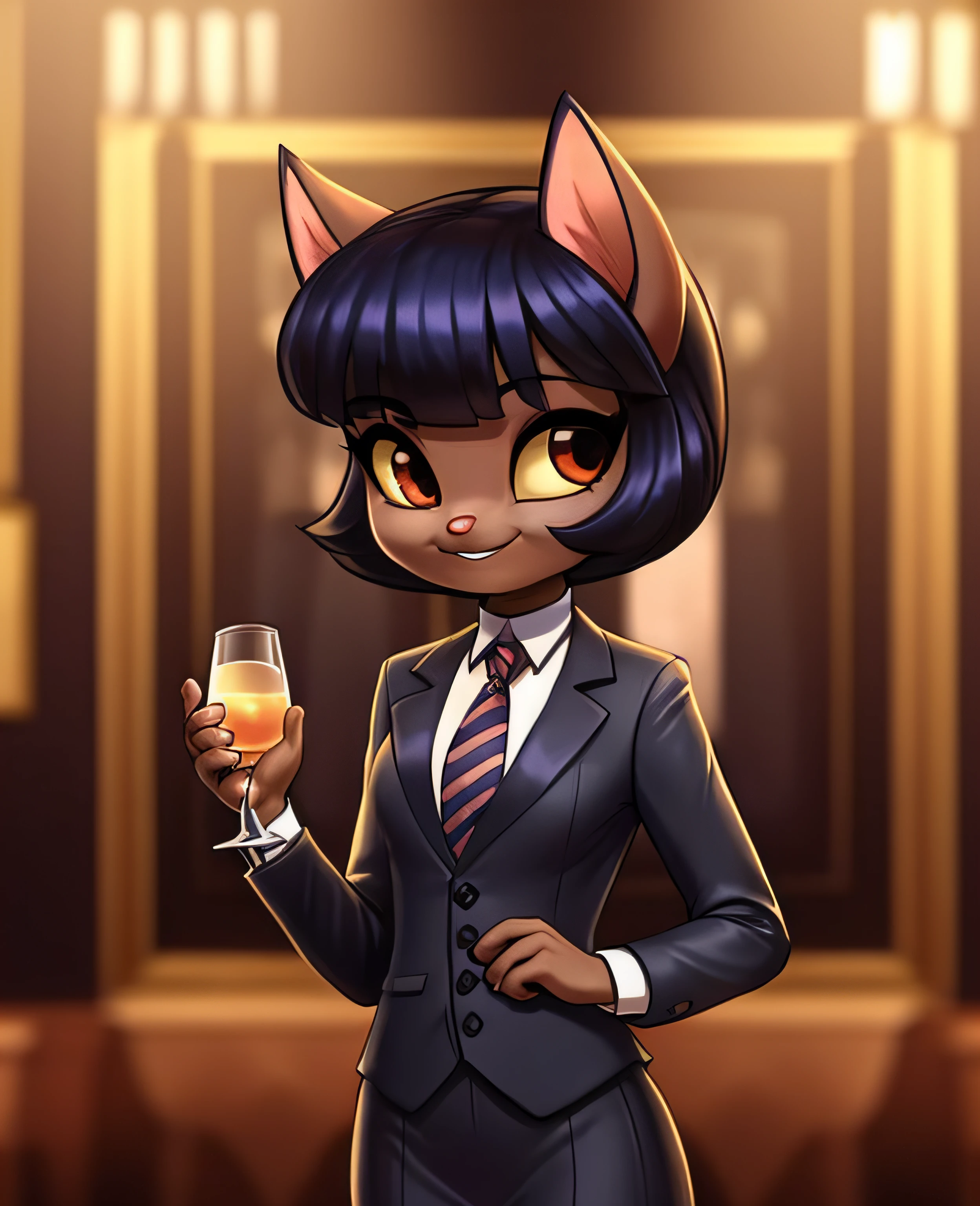 female, (Detailed face), (solo:1.1), [(thin:1.1) : small petite : (ivy pepper):4], (Detailed face), (more details, detailed background:1.1), (tail:1.1), smile, holding a glass in hand, white skirt suit, suit and tie, (((three-piece suit))), silk dress shirt, shirt and tie, striped necktie, ((blazer)), ((suit jacket)), open jacket, ((waistcoat)), bodycon miniskirt, tights, pocket square, tie clip, pocket watch chain,