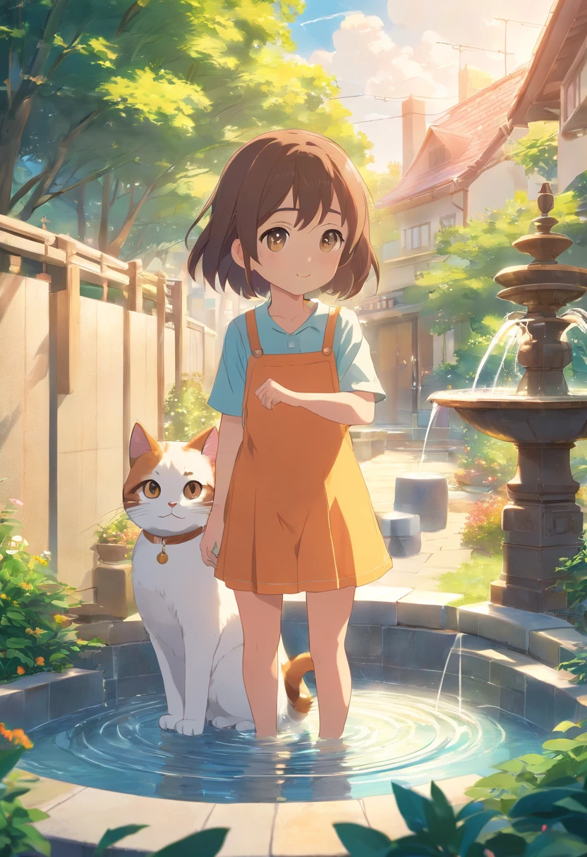 A girl, a round-eyed cute cat, Garden fountain, , Distant houses