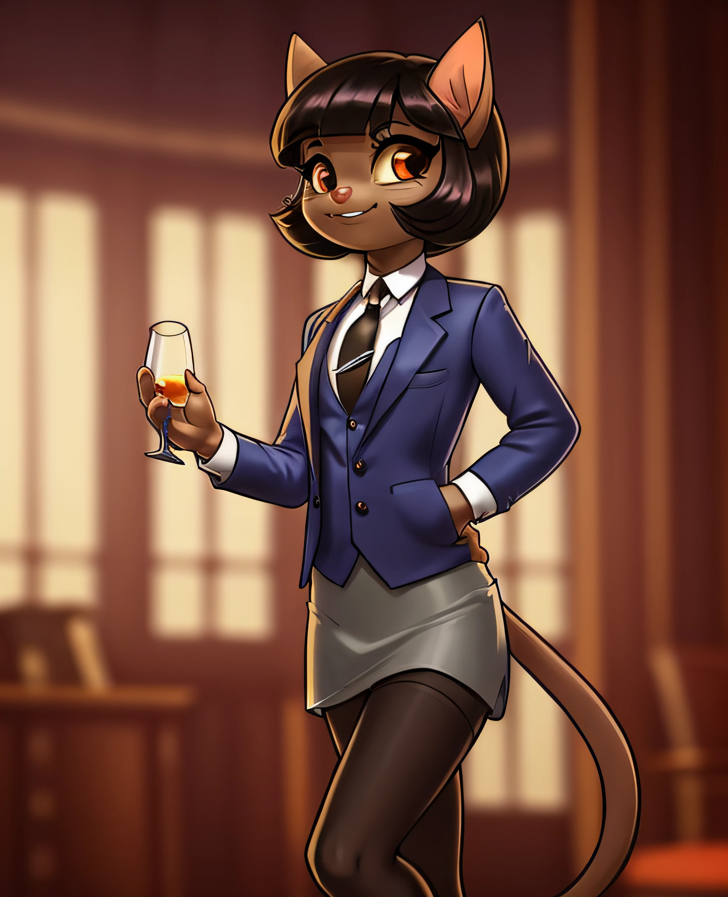 female, (Detailed face), (solo:1.1), [(thin:1.1) : small petite : (ivy pepper):4], (Detailed face), (more details, detailed background:1.1), (tail:1.1), smile, holding a glass in hand, white skirt suit, suit and tie, (((three-piece suit))), silk dress shirt, shirt and tie, striped necktie, ((blazer)), ((suit jacket)), open jacket, ((waistcoat)), bodycon miniskirt, tights, (((pocket square))), (((tie clip))), (((pocket watch chain))), (((tail)))