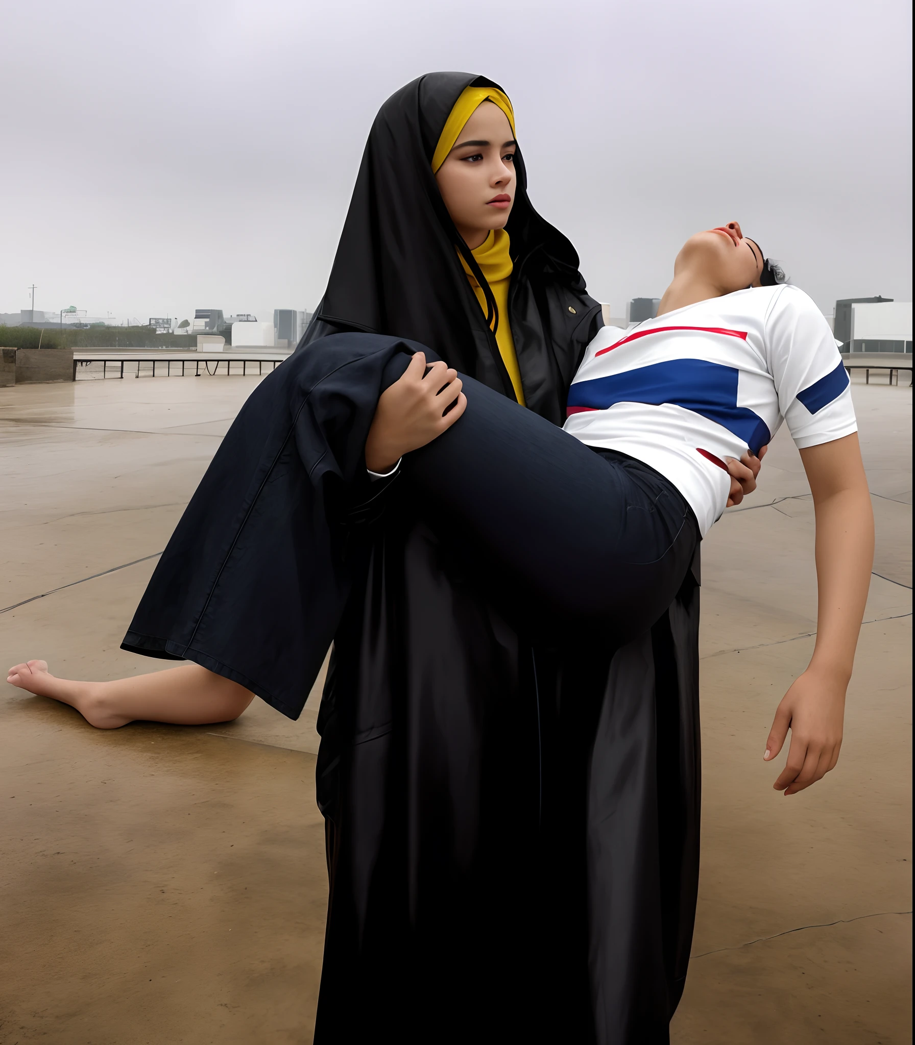 legs of pants made from dull and matte denim fabric seen in profile from the left, a hyper-realistic photo shoot capturing the dramatic action of a rainy day. In this scene, a beautifully madeup young latino-girl in an excessively shiny, high-shine wet black latex downcoat stands out amidst the rainfall. The downpour adds to the humid atmosphere, creating a moody backdrop for the intense emotional moment portrayed. In the foreground, the focus is on the girl as she carries a shorthaired handsome man in her arms. The injured man, with closed eyes and a pained expression, is clad in black shorts, illustrating his vulnerability. The contrast between their appearances emphasizes the strength and determination of the girl. The latino-girl's impeccable makeup, featuring smoky eyes and striking lipstick, further accentuates her captivating presence. Her long, flowing hair cascades over the shiny black vinyl downjacket she wears. The glossy finish of the jacket adds to the overall aesthetic, creating a visually stunning composition. The photo is meticulously captured, showcasing every detail with unparalleled realism. It is not just realistic but hyper-realistic, pushing the boundaries of accuracy and precision. The textures of the wet black latex, the shiny vinyl downjacket, and the raindrops falling around them are flawlessly rendered, making the viewer feel as though they are witnessing the scene firsthand. This captivating image presents the viewer with a narrative: the strength and courage of the latino-girl as she carries the burden of the injured man. The expression on the girl's face shows her determination and the responsibility she feels towards her companion. The pain and desperation of the injured man are palpable, creating an emotional connection with the viewer. The photo is a masterpiece of hyperrealism, meticulously crafted to capture the essence of the rainy weather, the intensity of the emotions portrayed, and the shiny clothes worn by the girl. The attent