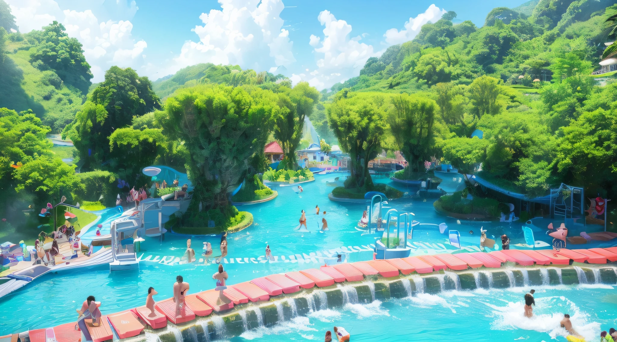 People are enjoying a water park with a waterfall and a swimming pool, Water park, tourist destination, Beautiful image, guangjian, Gamine, Good looking, fantasy land, having fun, shenzhen, Floating, water world, entertainment, lush oasis, 🤬 🤮 💕 🎀, festivity, Taoist, sangyeob park, 🌻🎹🎼