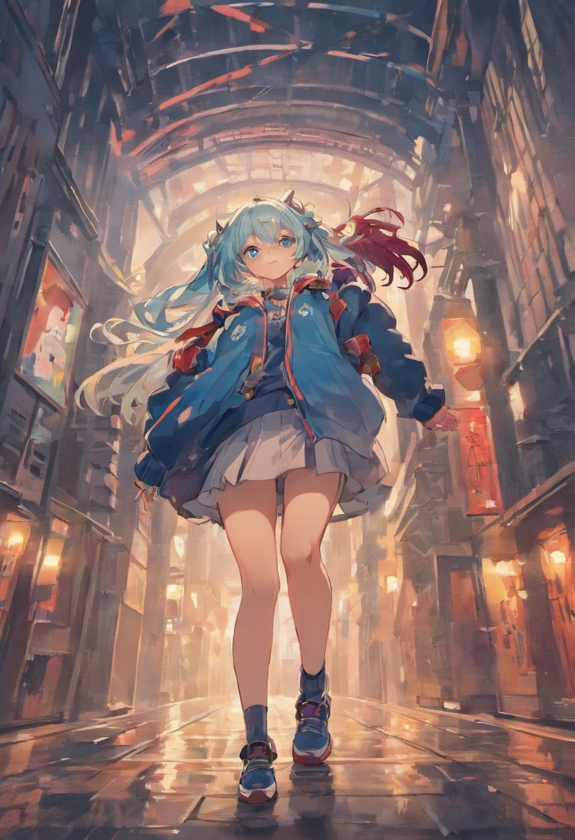 2 girls in、blue hairs、red hairs、a beauty girl、cardigan、a miniskirt、ruins、WRX S4、asphalt