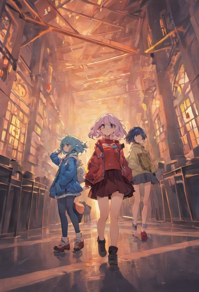2 girls in、blue hairs、red hairs、a beauty girl、cardigan、a miniskirt、ruins、WRX S4、asphalt