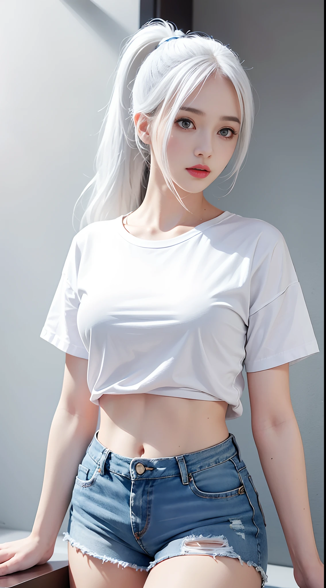 realistic, high resolution, 1 girl, white hair, Korean,, loose white shirt, shorts, medium, thighs, lying on white bed