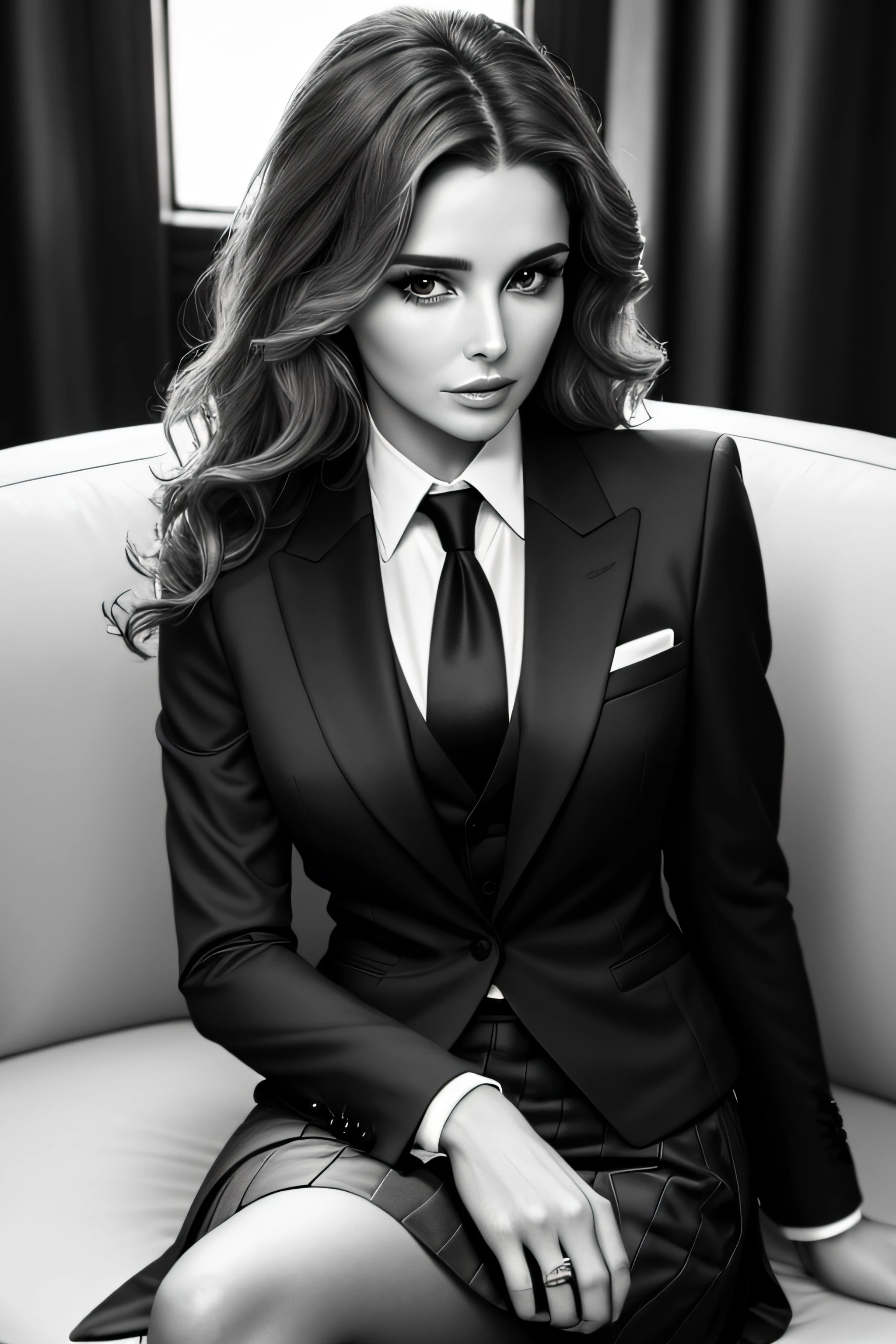 Stunning model Cheryl Cole, sitting on the couch, legs crossed,wearing skirt suit, suit and tie, (((three-piece suit))), silk dress shirt, shirt and tie, necktie, ((blazer)), ((suit jacket)) ((waistcoat)), bodycon miniskirt,, messy wavy hair, voyeuristic, intimate, soft light, warm glow on her face and body, soothing, high detail skin, HDR
