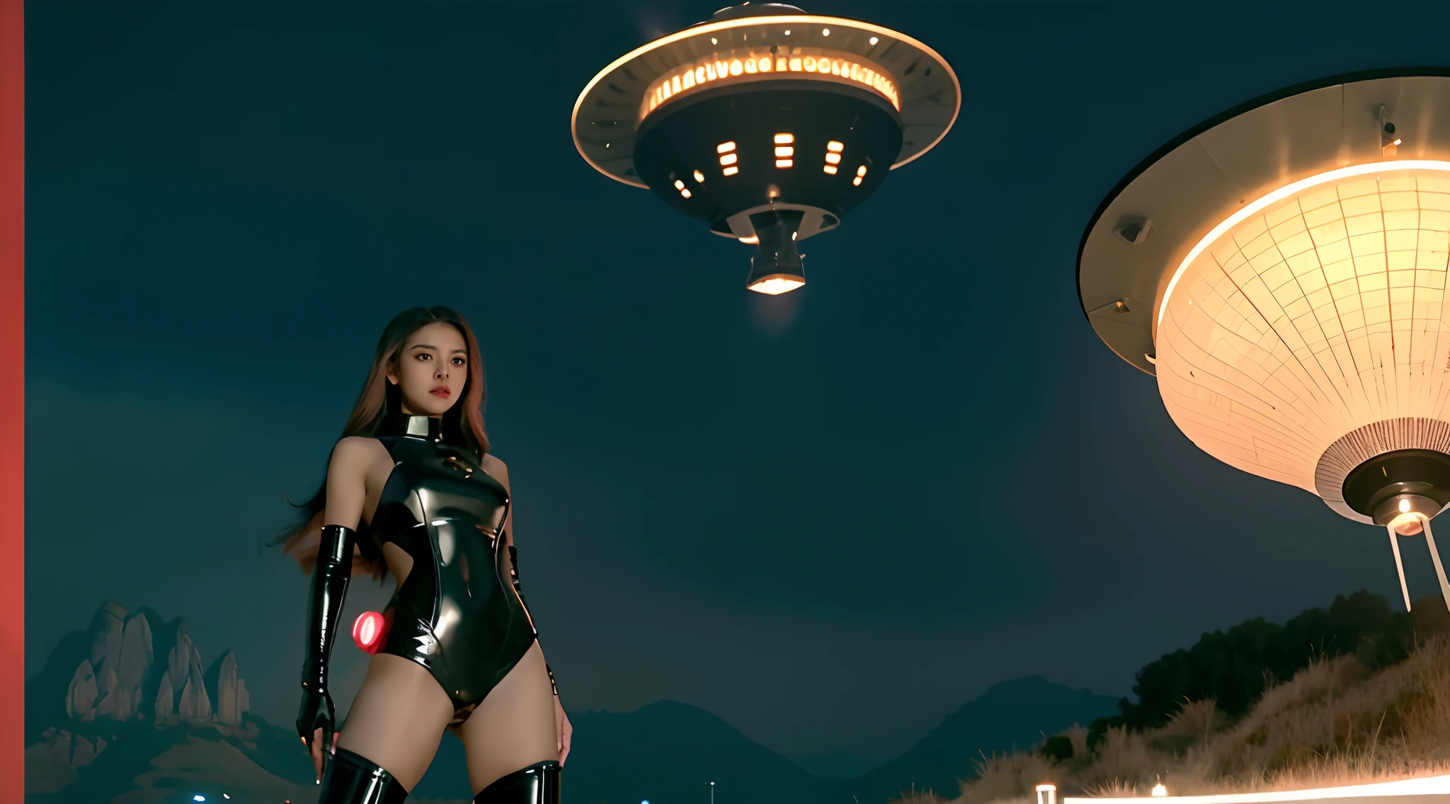mulher loira, mulher jovem, coxas grossas, usando saia curta skintight de latex preto, minissaia de latex preto, seios nus, seios grandes, mamilos rosados, pele de porcelana, NSFW, Standing in front of a flying saucer, Flying saucer hovering in the sky in a science fiction movie, epic sci-fi movie still, movie still of the alien girl, an epic scifi movie still, dramatic sci-fi movie still, alien woman, Sci Fi Dramatic Lighting, sci-fi cinematic movie still, alien girl, as a retro futuristic heroine, sci-fi movie still