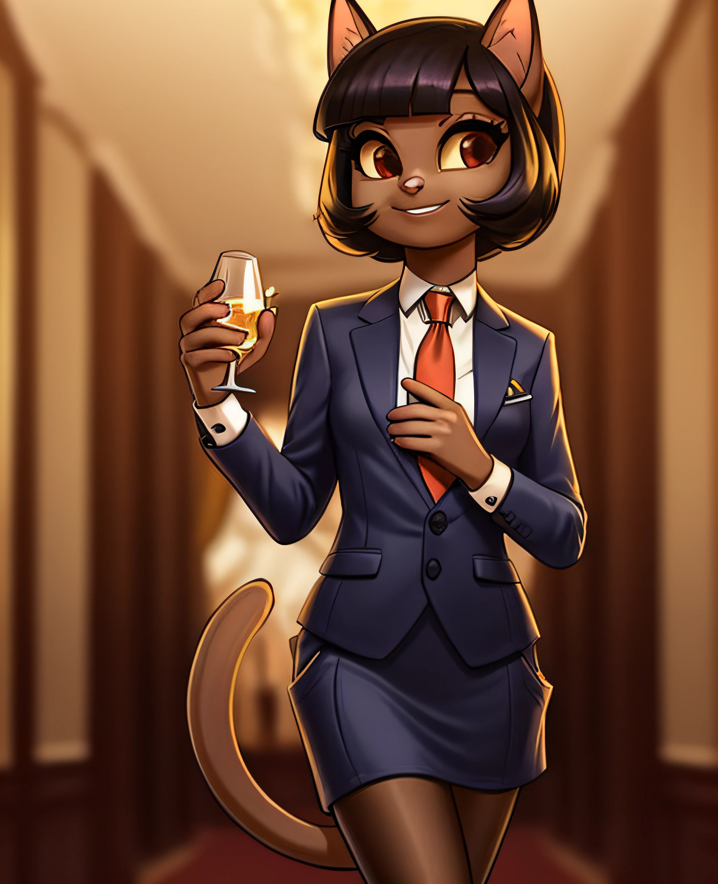 female, (Detailed face), (solo:1.1), [(thin:1.1) : small petite : (ivy pepper):4], (Detailed face), (more details, detailed background:1.1), (tail:1.1), smile, holding a glass in hand, white skirt suit, suit and tie, (((three-piece suit))), silk dress shirt, shirt and tie, striped necktie, ((blazer)), ((suit jacket)), open jacket, ((waistcoat)), bodycon miniskirt, tights, (((pocket square))), (((tie clip))), (((cufflinks))), (((tail)))