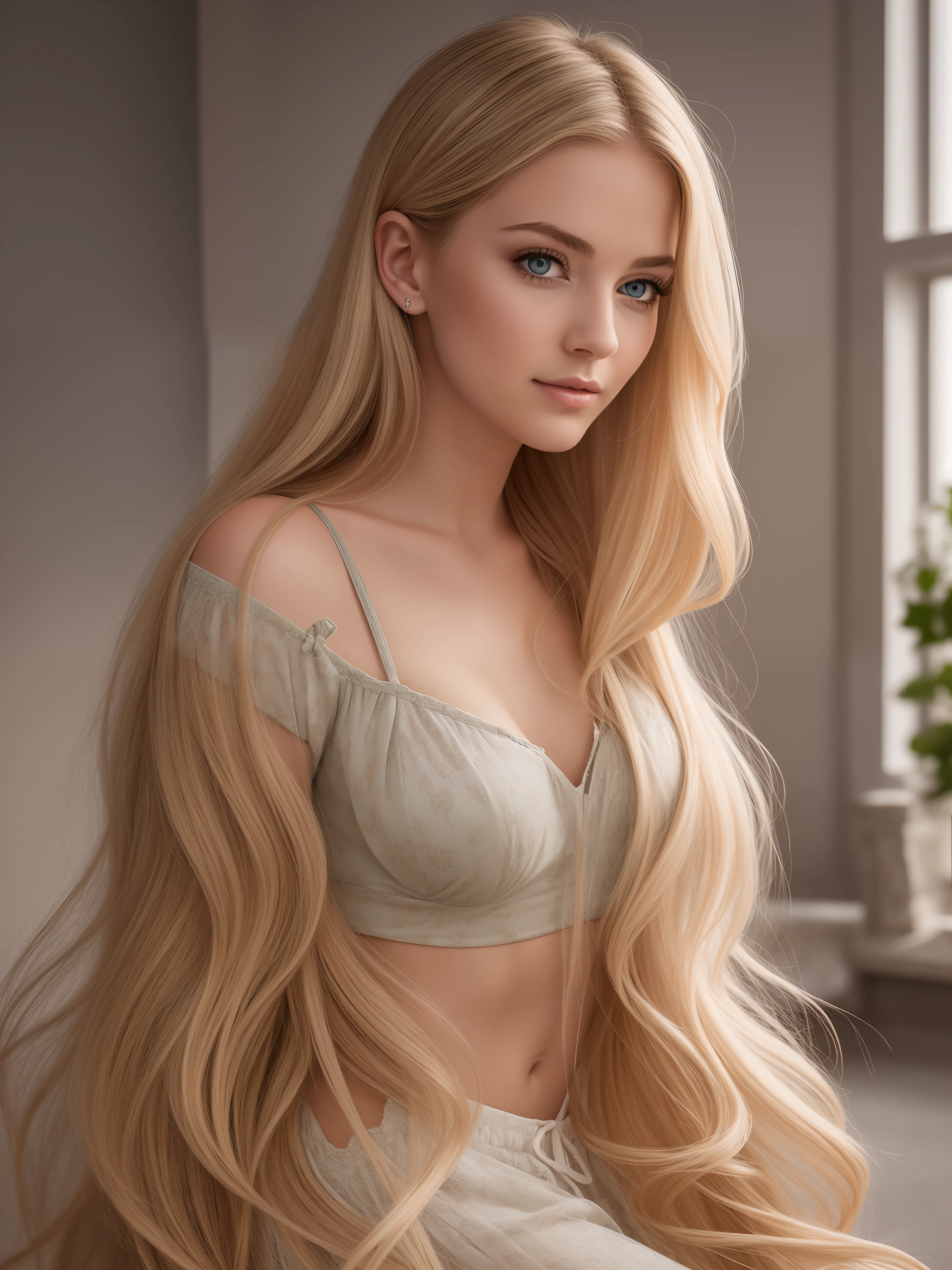 A young and beautiful woman, , cloth(0.2), blondes Haar, that gently falls in waves up to the shoulders, medium height, Size, green eyes, helle Haut, She wears her pajamas, Sie liegt in ihrem Bett, Haarpflege vor dem Schlafengehen, Die Umgebung wird mit Lichtern in warmen und angenehmen Farben beleuchtet, die Ihr Haar zum Strahlen bringen, Sein Antlitz ist von Natur aus heiter, Lippen mit rotem Lippenstift, 8K-Textur, sehr detailliert, Realist, weiches kinoreifes Licht, HDR, Scharfer Fokus, Meisterwerk, fotorealistisch, award-winning photography, Canon EOS R5, 35 mm