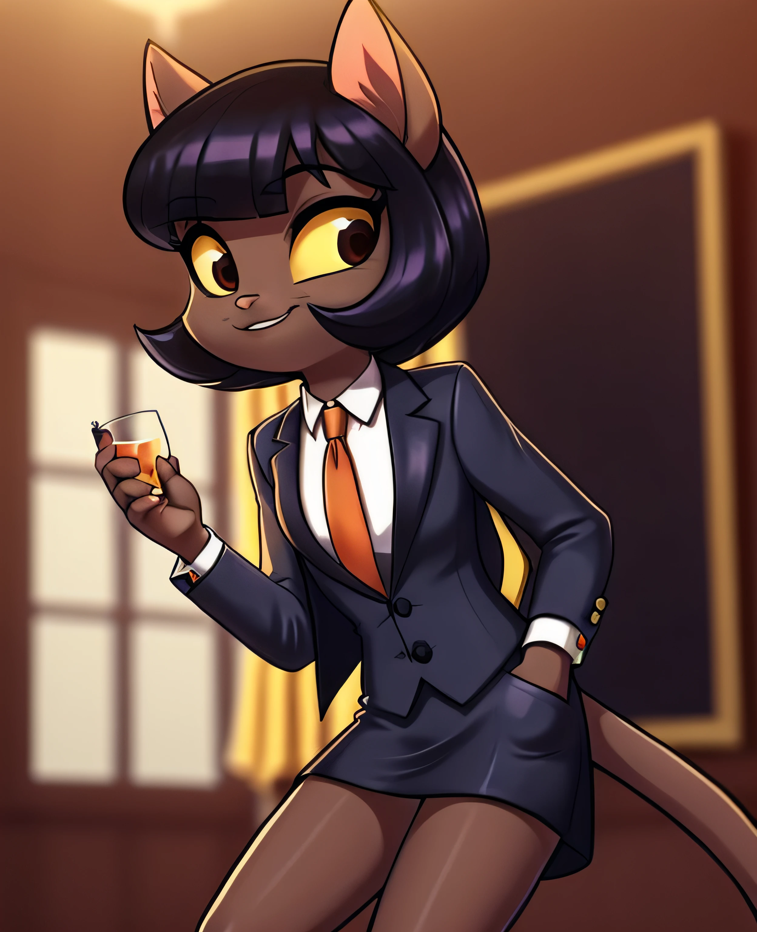 female, (Detailed face), (solo:1.1), [(thin:1.1) : small petite : (ivy pepper):4], (Detailed face), (more details, detailed background:1.1), (tail:1.1), smile, holding a glass in hand, white skirt suit, suit and tie, (((three-piece suit))), silk dress shirt, shirt and tie, striped necktie, ((blazer)), ((suit jacket)), open jacket, ((waistcoat)), bodycon miniskirt, tights, (((pocket square))), (((tie clip))), (((cufflinks))), (((tail)))