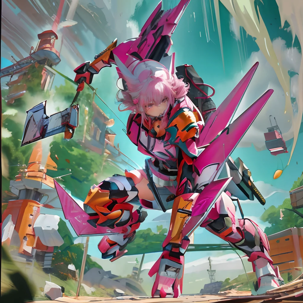 Pink and white hair,Overall reddish armor,A girl with a slightly disgusted expression, Detailed digital anime art, Best anime 4k konachan wallpaper, anime mecha aesthetic, 4k highly detailed digital art, wlop and krenz cushart, highly detailed anime, mecha asthetic, advanced digital anime art