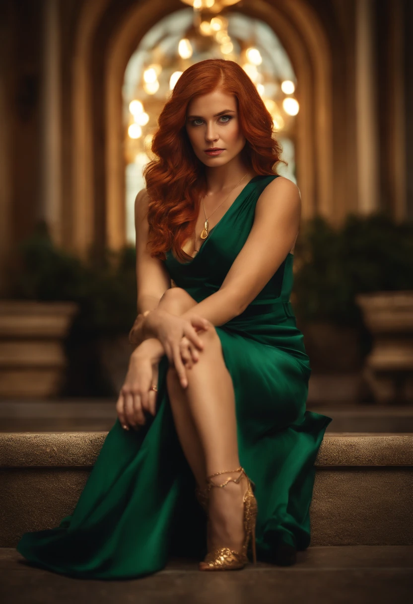 1girl, solo, sitting, crossed legs, looking down, red hair, blue eye, green eye, evening dress, gold jewelry, smirk