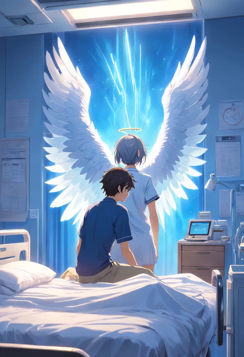 in a small white hospital room, a young skinny girl with grey hair is sitting on the patient's bed near the window on the left side of the picture. She stared at the end of her bed, where a completely white male angel just the same size as her who also looking at her. The angel only wear a long white clothes, he has a glowing blue halo on his head and a large eagle wing on his back
