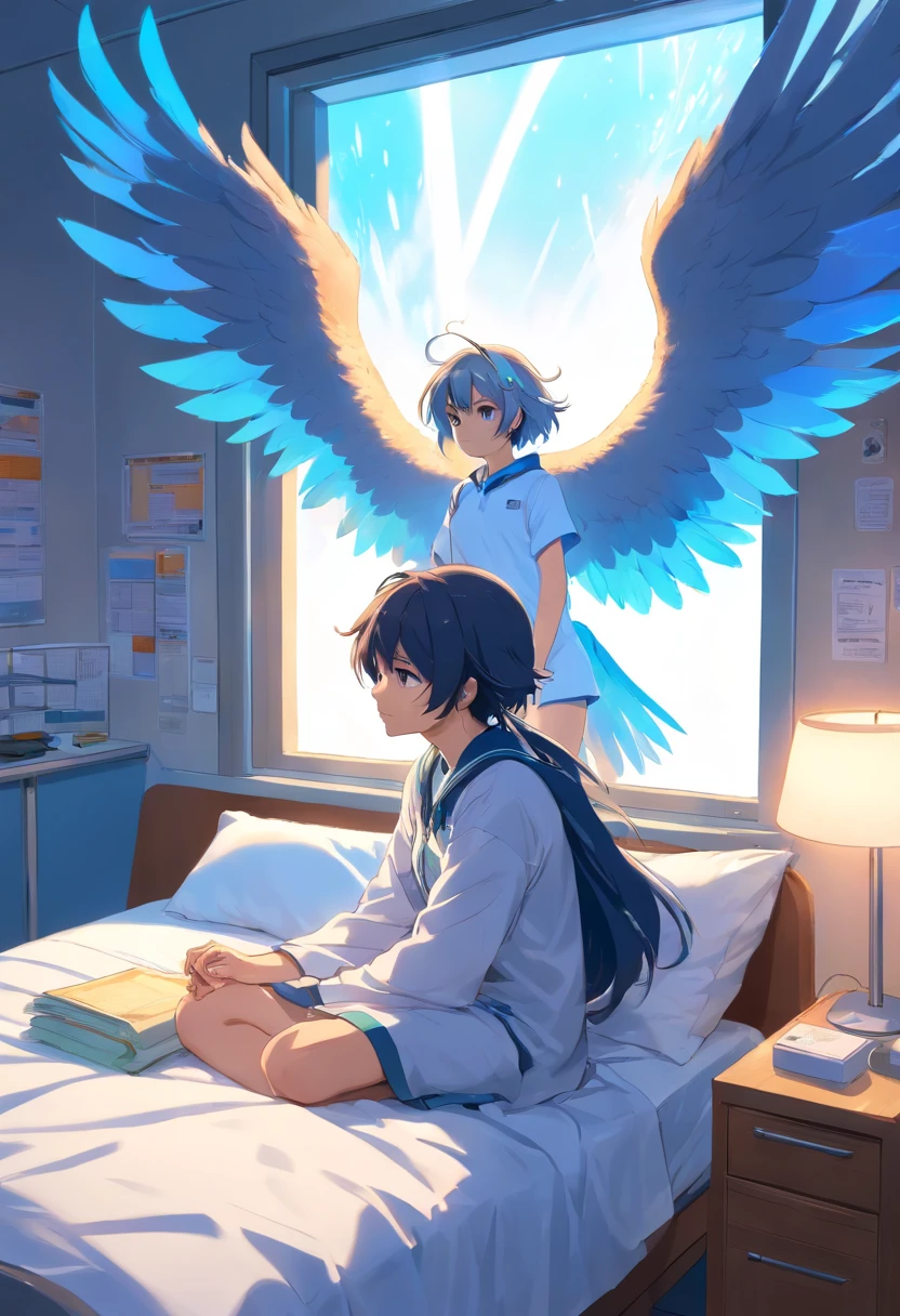 in a small white hospital room, a young skinny girl with grey hair is sitting on the patient's bed near the window on the left side of the picture. She stared at the end of her bed, where a completely white male angel just the same size as her who also looking at her. The angel only wear a long white clothes, he has a glowing blue halo on his head and a large eagle wing on his back