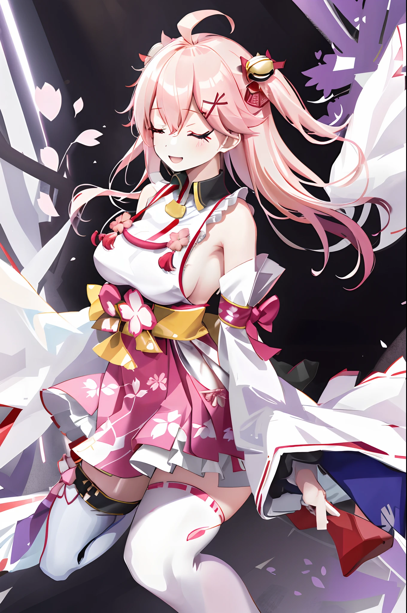 masterpiece, best quality, highres, miko1, sakura_miko, 1girl, big_boobs, solo, ahoge, x_hair_ornament, pink_hair, floral print, hairclip,(side_less_clothes:1.5), (side_boobs:1.5), hair_bell, floral print, long_hair, hair between eyes, one side up, white thighhighs, asymmetrical legwear, wide sleeves, open_mouth,(happy:1.3),close_eyes,big_smile,(rise_leg:1.3),plump,apart_legs,(overly_long_sleeves:1.3),),sleeves_past_wrists,hands_hidden_sleeves,sidelock_clothes,dynamic_posing,solo,hidden_wrists,(XD:1.4),covered_nipples,