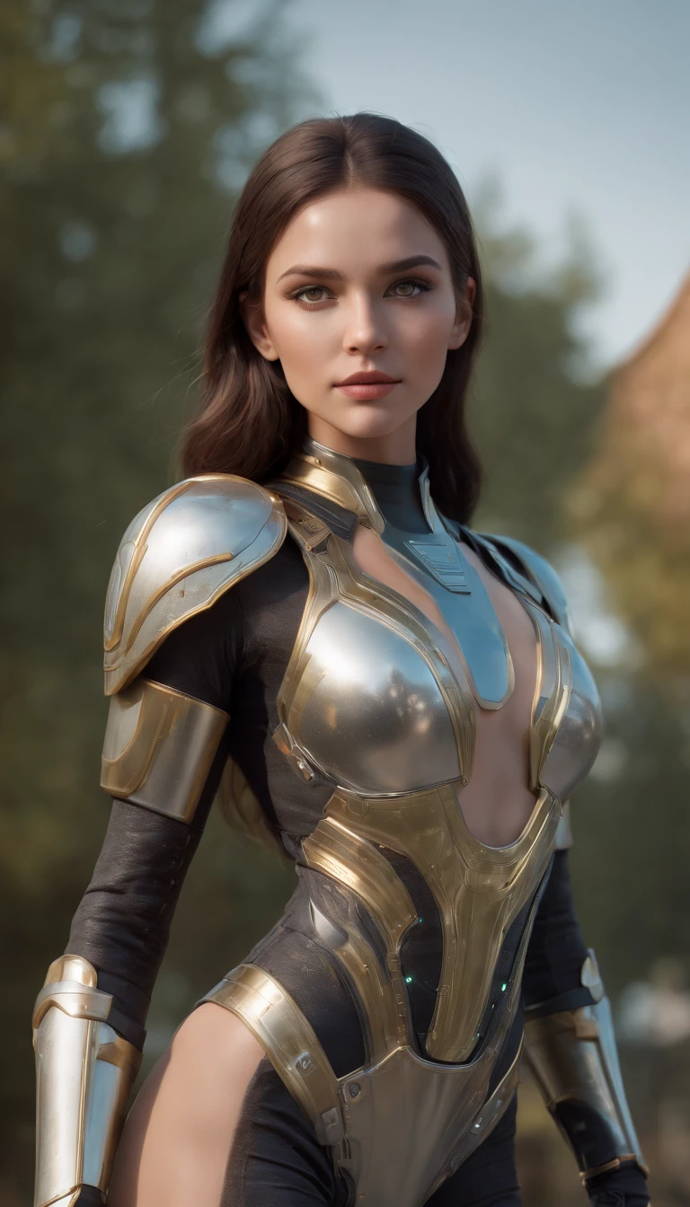 a woman in a futuristic Gold suit posing in park, cute cyborg girl, beutiful white girl cyborg, girl in mecha cyber armor with bright led, (perfect body:1.4), (Perfect proportions:1.4), (Long dark viking style Hair:1.4), Big Green Eyes, HDR (High Dynamic Range), Ray Tracing, NVIDIA RTX, Super-Resolution, Unreal 5, Subsurface Scattering, PBR Texturing, Post-Processing, Anisotropic Filtering, Depth-Of-Field ,Maximum Clarity And Sharpness, Multi-Layered Textures, Albedo And Specular Maps, Surface Shading, Accurate Simulation Of Light-Material Interaction, Octane Render, Two-Tone Lighting, Low ISO, White Balance, Rule Of Thirds, Wide Aperture, 8K RAW, Efficient Sub-Pixel, Sub-Pixel Convolution, (Luminescent Particles:1.4), {{Masterpiece, Best Quality, Extremely Detailed CG, Unity 8k Wallpaper, 3D, Cinematic Lighting, Lens Flare}}, (bodysuit:1.2), Cyberpunk 2077,full body profile shot.