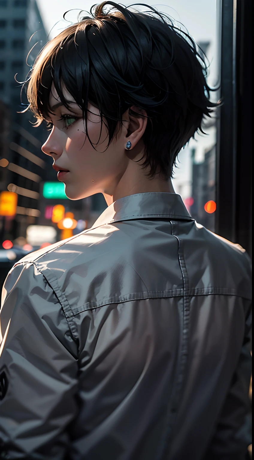 (masterpiece、top-quality、realisitic:1.2)、(intricate and delicate、high detailed skin and face)、Sateen、(( boy:1.2))、Wet white shirt、Hair and face get wet、5 piercings、(facing back)、((Green eyes and short hair))、On the roof of a high-rise building、Night background、Cinematic soft lighting、8k wallpaper、Unity、art stations、High Resolution CG
