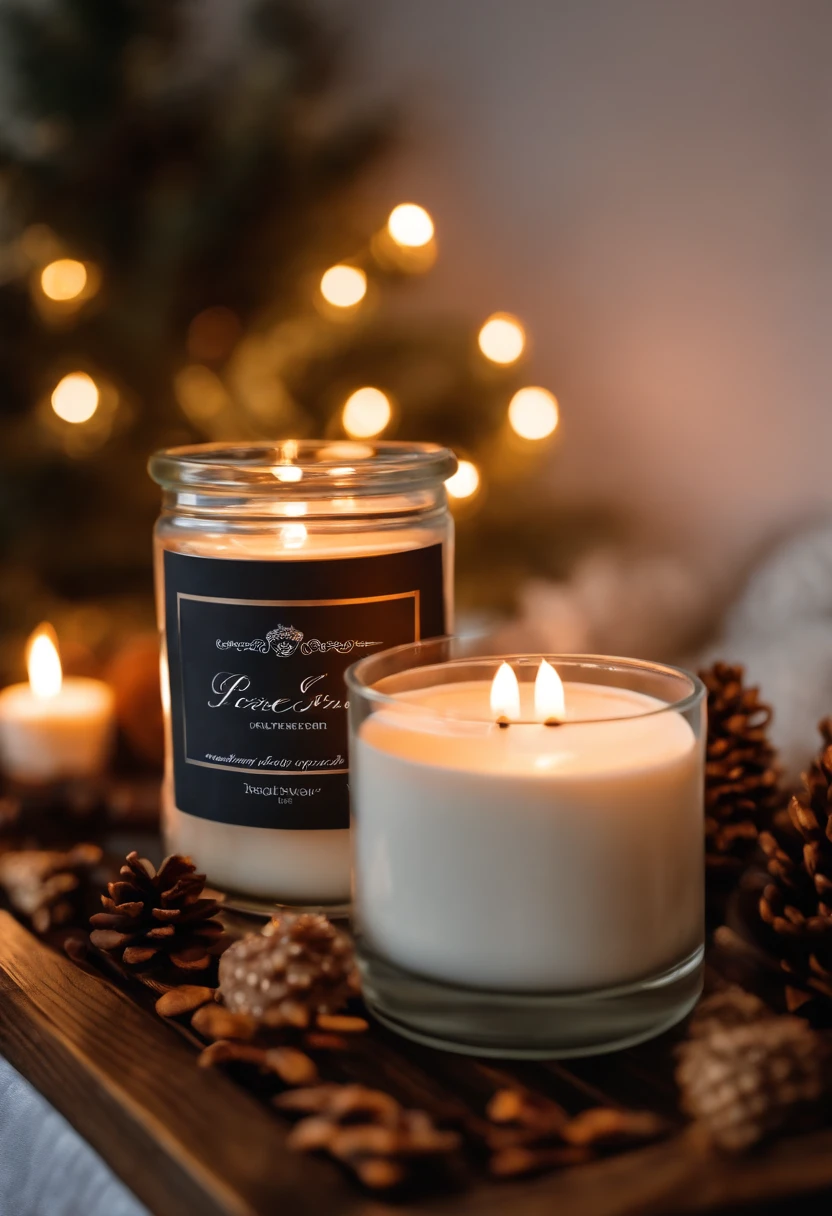 a soy candle in glass in a cozy place, flame, white rectangle label, editorial photography, winter, warming atmosphere for festive season