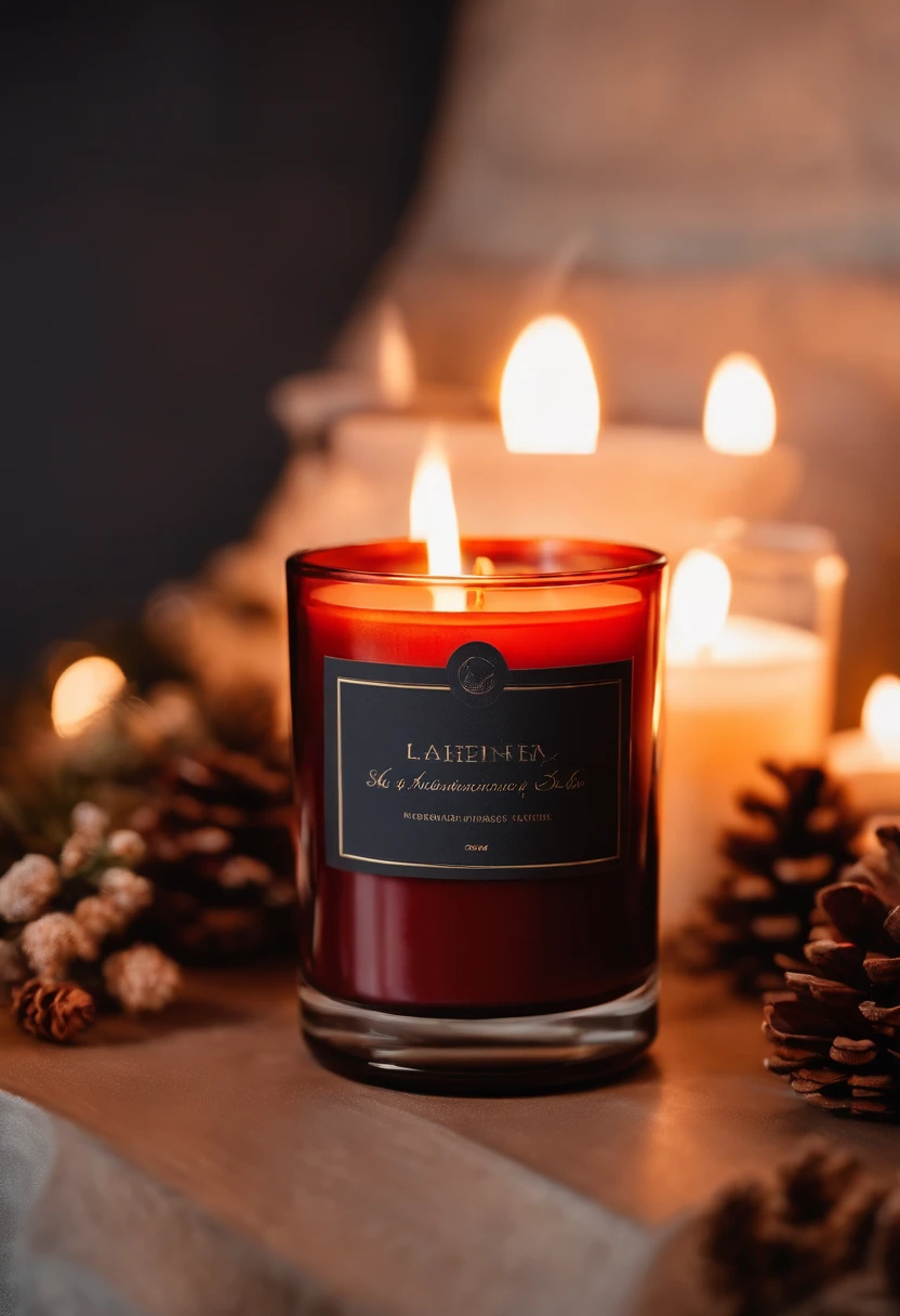 a soy candle in glass in a cozy place, flame, white rectangle label, editorial photography, winter, warming atmosphere for festive season