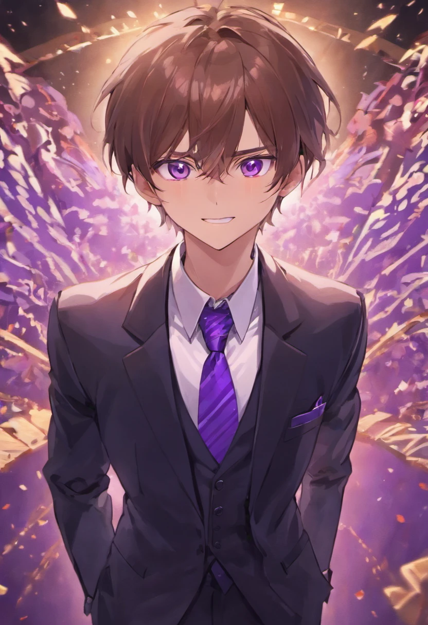 male people Brown hair Purple Sampaku Eyes ssmile black suits Purple tie