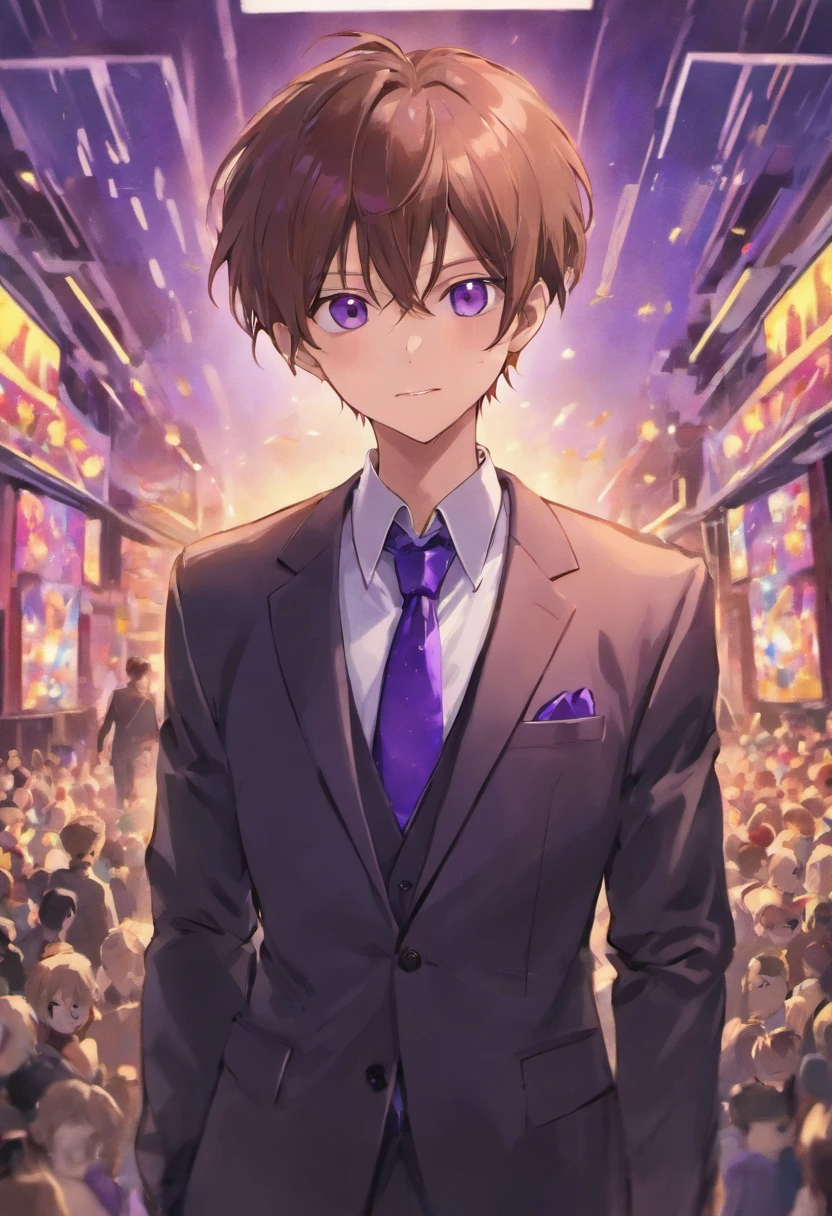male people　Brown hair　Purple Sampaku Eyes　ssmile　black suits　Purple tie