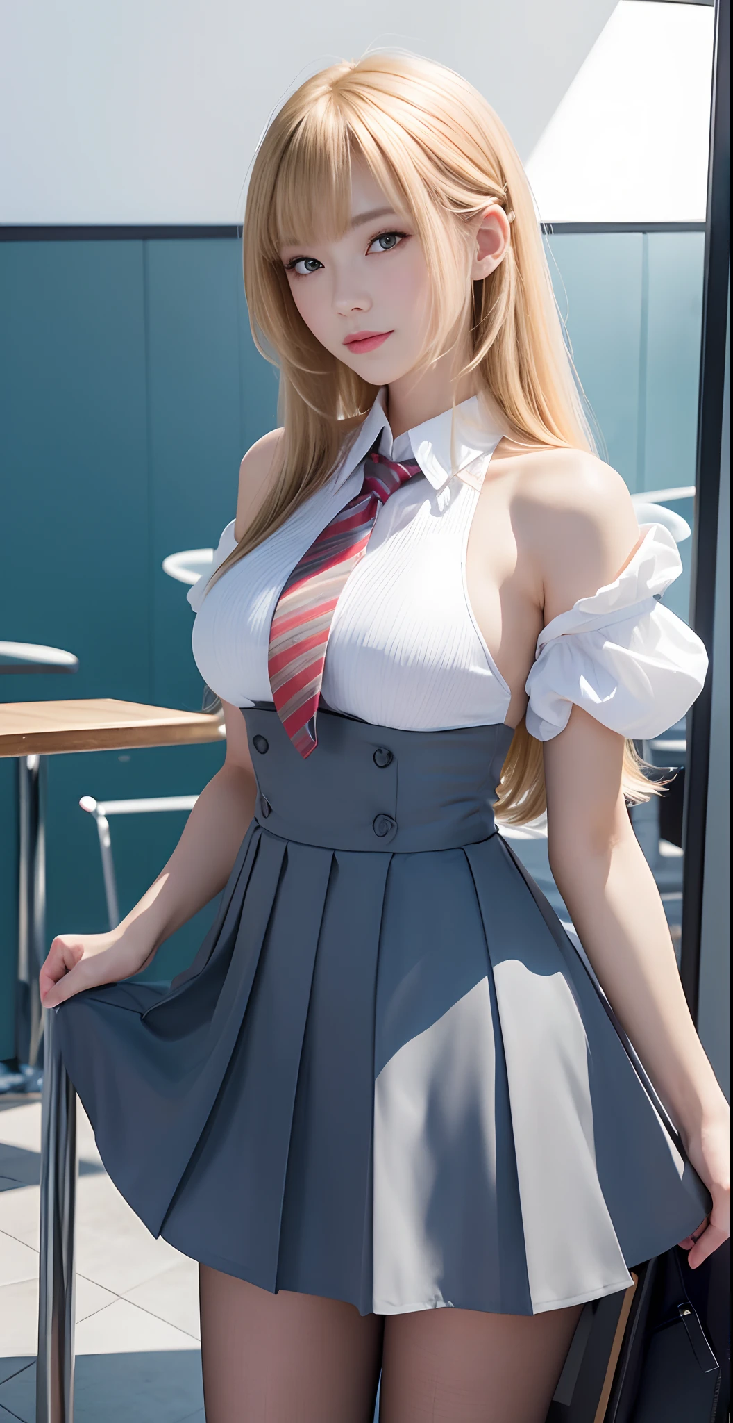 Girl, Single, , Best quality, Very big breasts, Best masterpiece, Blonde, Smiling, Schoolgirl, m, Gal, Mature face, Cleavage, Saggy eyes
