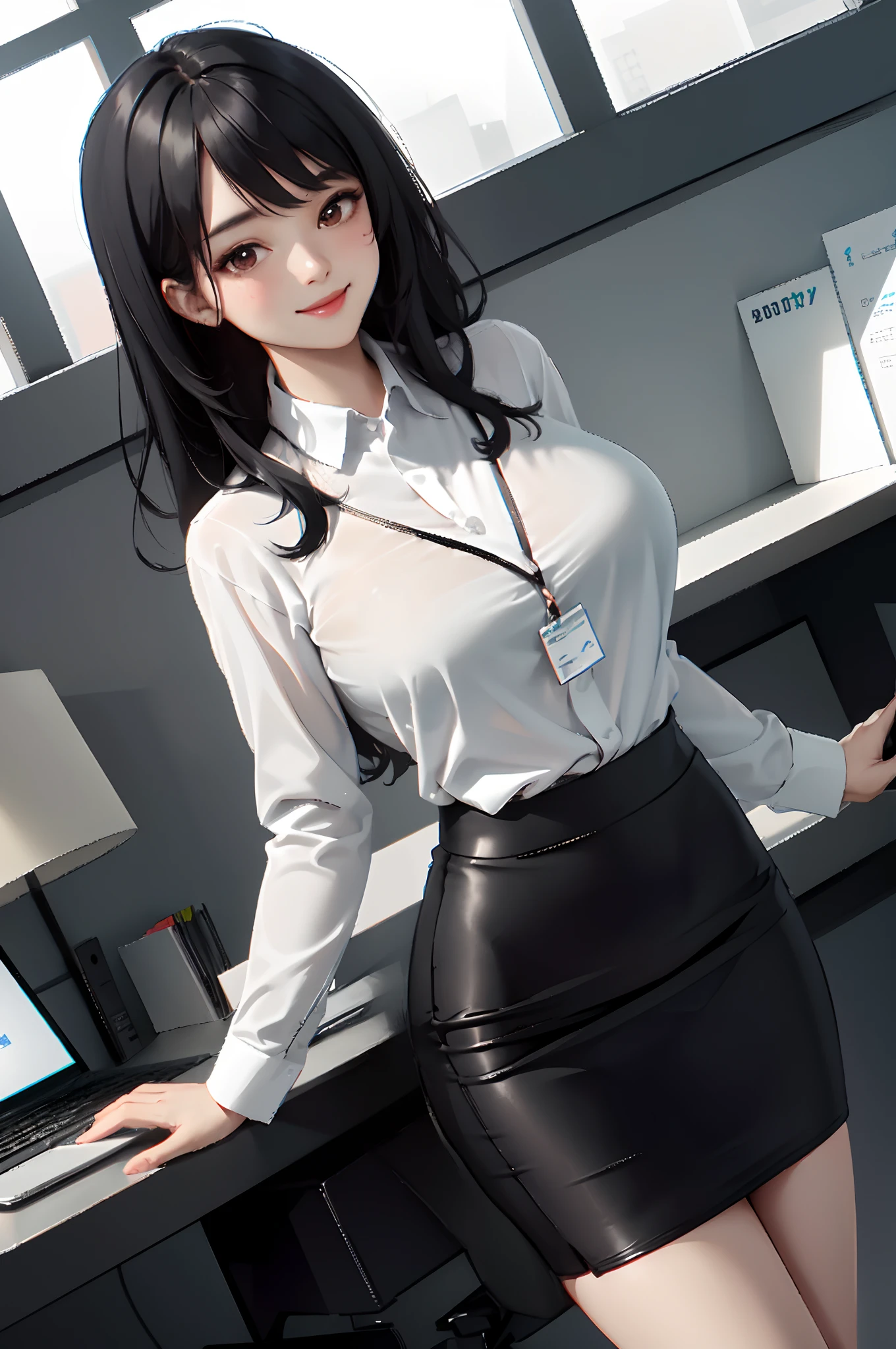 /(modern office indoors/), 1lady solo, /(casual shirt pencil skirt/) id card, /(black hair/) bangs, blush kind smile, (masterpiece best quality:1.2) ultra-detailed, large breasts