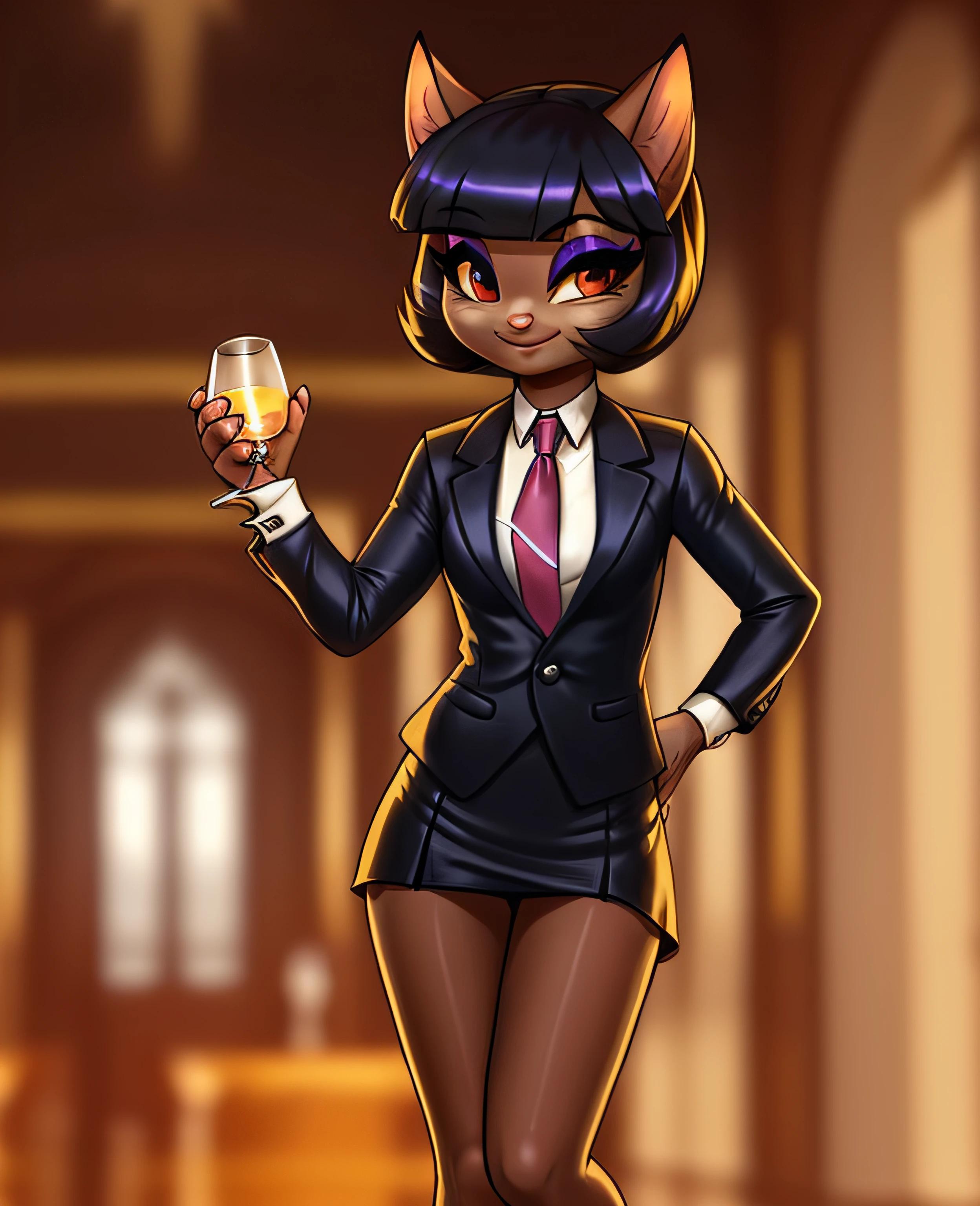 female, (Detailed face), (solo:1.1), [(thin:1.1) : small petite : (ivy pepper):4], (Detailed face), (more details, detailed background:1.1), (tail:1.1), smile, holding a glass in hand, satin skirt suit, suit and tie, (((three-piece suit))), silk dress shirt, shirt and tie, striped necktie, (((blazer))), (((suit jacket))), (((open jacket))), (((waistcoat))), (((bodycon miniskirt))), tights, (((pocket square))), (((tie clip))), (((cufflinks))), (((tail))), makeup, eyeshadow, shiny eyeshadow, bedroom eyes