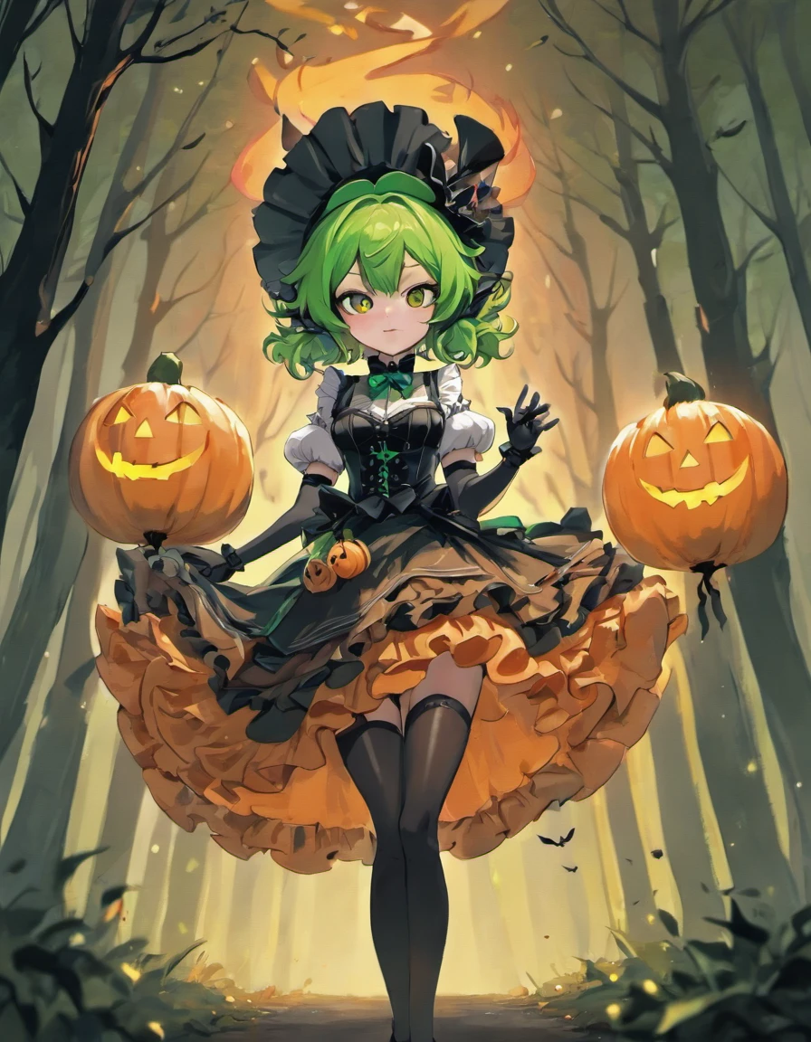 (masterpiece, best quality), (finely detailed beautiful eyes), (finely detailed eyes and detailed face), (scenery: 1.2), (extremely detailed CG, ultra-detailed, best shadow), beautiful concept illustration, (illustration), (extremely fine and beautiful), (perfect details), (depth of field), midele wide shot, 
BREAK (Jack-o'-Lantern), 1 elf girl, solo, little person, elf ears, huge breast, (orange and deep-green theme:1.2), (fusion of witch costume and dirndl:1.3), (black theme:1.1), ((black witch-hat, black pointy hat) with ribbon:1.4), (orange apron over skirt:1.4), (deep-green (ruffle-skirt, multilayer-skirt):1.4), ((bustier, waist cincher):1.3), (white short puff-sleeve:1.3), (deep-green and orange striped-pattern over-knee-socks:1.3), ((black evening-glove, choker, frills):1.2), (black High-heels:1.1), (Halloween print on apron:1.3), 
BREAK (night time:1.2), (big bonfire), (outdoors), (dark forest in the background:1.2), The gentle rustling of leaves in the breeze provided a soothing soundtrack to the serene dark forest ambiance, dynamic pose