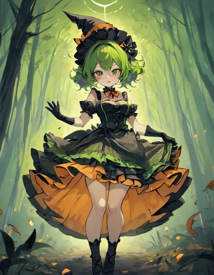 (masterpiece, best quality), (finely detailed beautiful eyes), (finely detailed eyes and detailed face), (scenery: 1.2), (extremely detailed CG, ultra-detailed, best shadow), beautiful concept illustration, (illustration), (extremely fine and beautiful), (perfect details), (depth of field), midele wide shot, 
BREAK (Jack-o'-Lantern), 1 elf girl, solo, little person, elf ears, huge breast, (orange and deep-green theme:1.2), (fusion of witch costume and dirndl:1.3), (black theme:1.1), ((black witch-hat, black pointy hat) with ribbon:1.4), (orange apron over skirt:1.4), (deep-green (ruffle-skirt, multilayer-skirt):1.4), ((bustier, waist cincher):1.3), (white short puff-sleeve:1.3), (deep-green and orange striped-pattern over-knee-socks:1.3), ((black evening-glove, choker, frills):1.2), (black High-heels:1.1), (Halloween print on apron:1.3), 
BREAK (night time:1.2), (big bonfire), (outdoors), (dark forest in the background:1.2), The gentle rustling of leaves in the breeze provided a soothing soundtrack to the serene dark forest ambiance, dynamic pose
