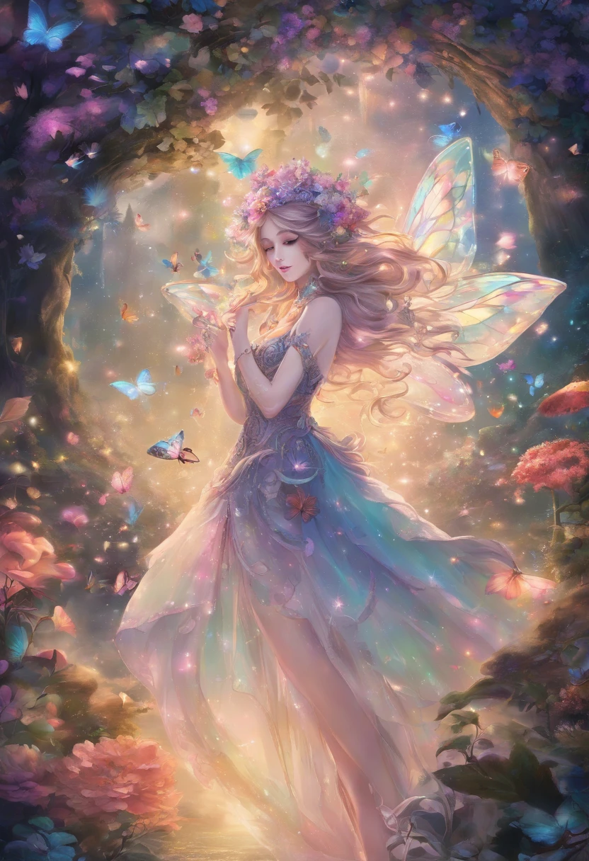 generate a fairy lady with big boobs, showing her boobs, wearing flowery outfit and with huge fairy wings, while holding a flowery wand, she is a beautifull fairy who is really charming, she is flying and give kiss sign, forest and lake background, beautifull flower, raytracing, sparkling background, aurora effect, digital effect, glimmering effect, ambient effect, from side, beautifull hand, beautifull fingers, pretty hand, pretty fingers, perferct hands, perfect fingers, masterpiece, best quality:1.2),(8k,highres,RAW photo,realistic,photo-realistic:1.3),(detailed skin texture,detailed cloth texture,beautiful detailed face:1.25),professional lighting,photon mapping,beautiful soft light,radiosity,physically-based rendering,raytracing, model shoot style, model shoot style, (extremely detailed CG unity 8k wallpaper), full shot body photo of the most beautiful artwork in the world, (((NSFW))), (((nude))), (completly naked))), (((nipples))