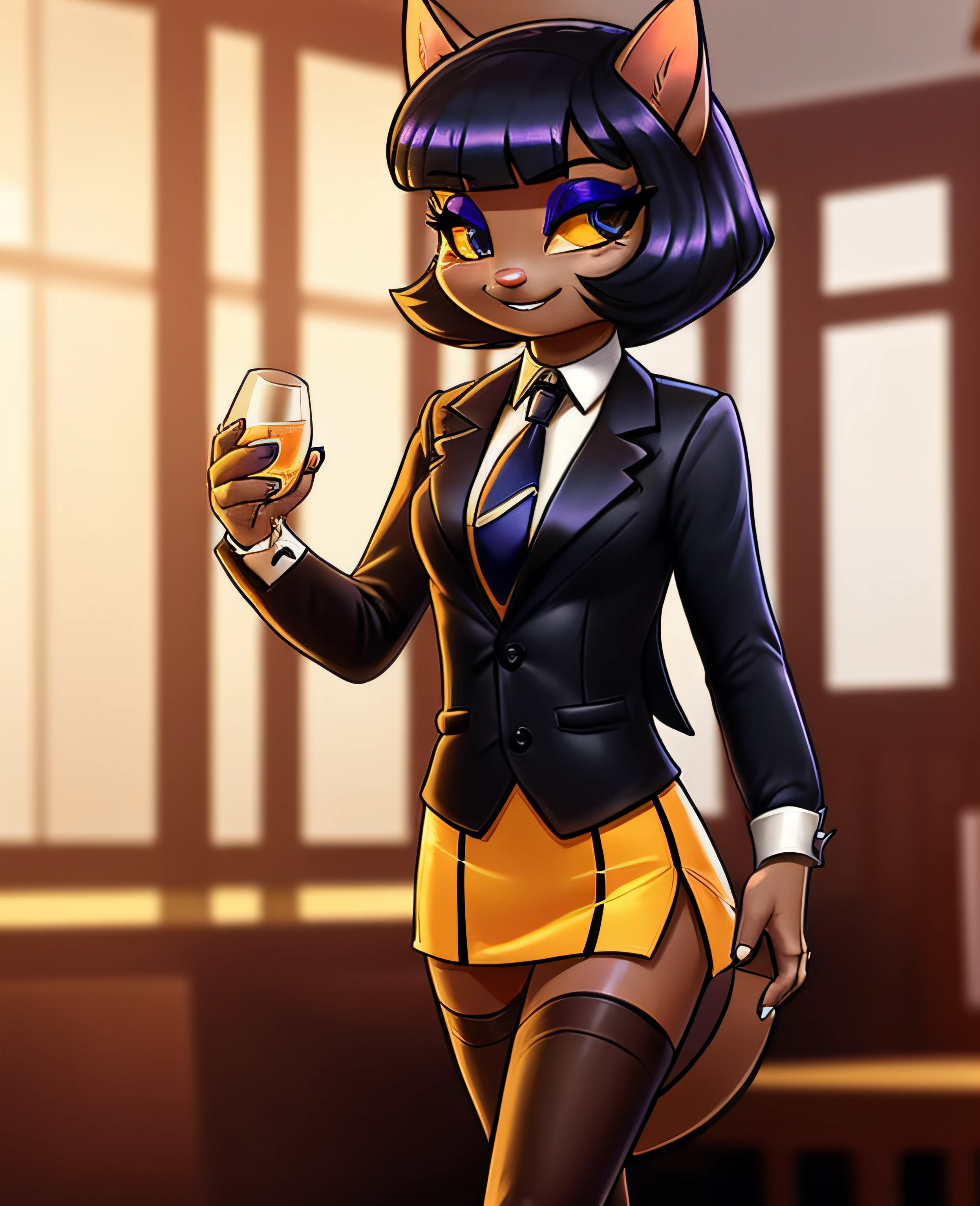 female, (Detailed face), (solo:1.1), [(thin:1.1) : small petite : (ivy pepper):4], (Detailed face), (more details, detailed background:1.1), (tail:1.1), smile, holding a glass in hand, satin skirt suit, pinstripe suit and tie, (((three-piece suit))), ((suit jacket with waistcoat)), silk dress shirt, shirt and tie, striped necktie, (((blazer))), (((suit jacket))), (((open jacket))), ((waistcoat)), (((bodycon miniskirt))), tights, (((pocket square))), (((tie clip))), (((cufflinks))), (((tail))), makeup, eyeshadow, shiny eyeshadow, bedroom eyes