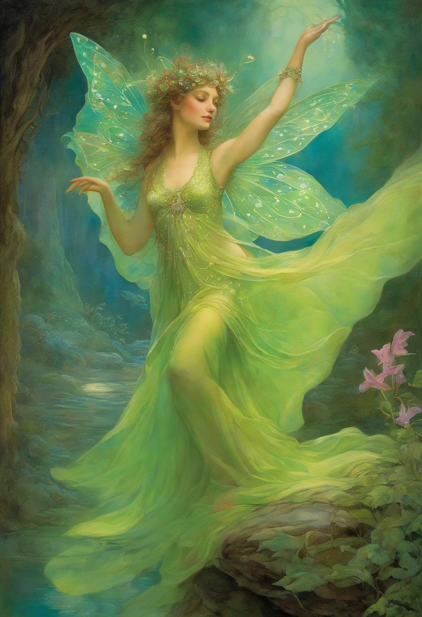 Fairy Dance, Elegant, Very charming and beautiful Daniel Merriam, Josephine Wall, Magenta decoration by Alphonse Mucha and Ralph McQuarrie, aqua, Lime green.  .watercolor paiting, wet on wet,