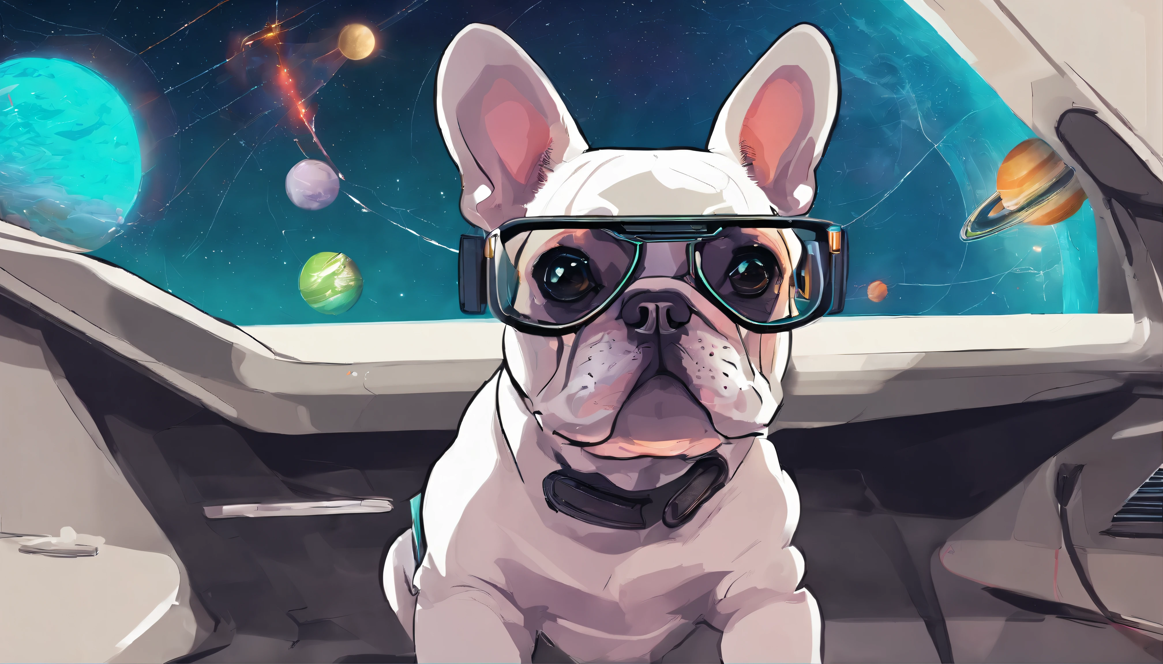 (best quality,highres:1.2),(cute,adorable),(realistic,photo-realistic),(French Bulldog:1.1),(Wearing glasses:1.1),(big round eyes,detailed eyes),(detailed lips,dog's lips),(fine fur texture,short-haired),(black and white:0.9),(adorable facial expression:1.1),(fashionable glasses,stylish glasses),(playful pose, energetic),(colorful background, vibrant colors)