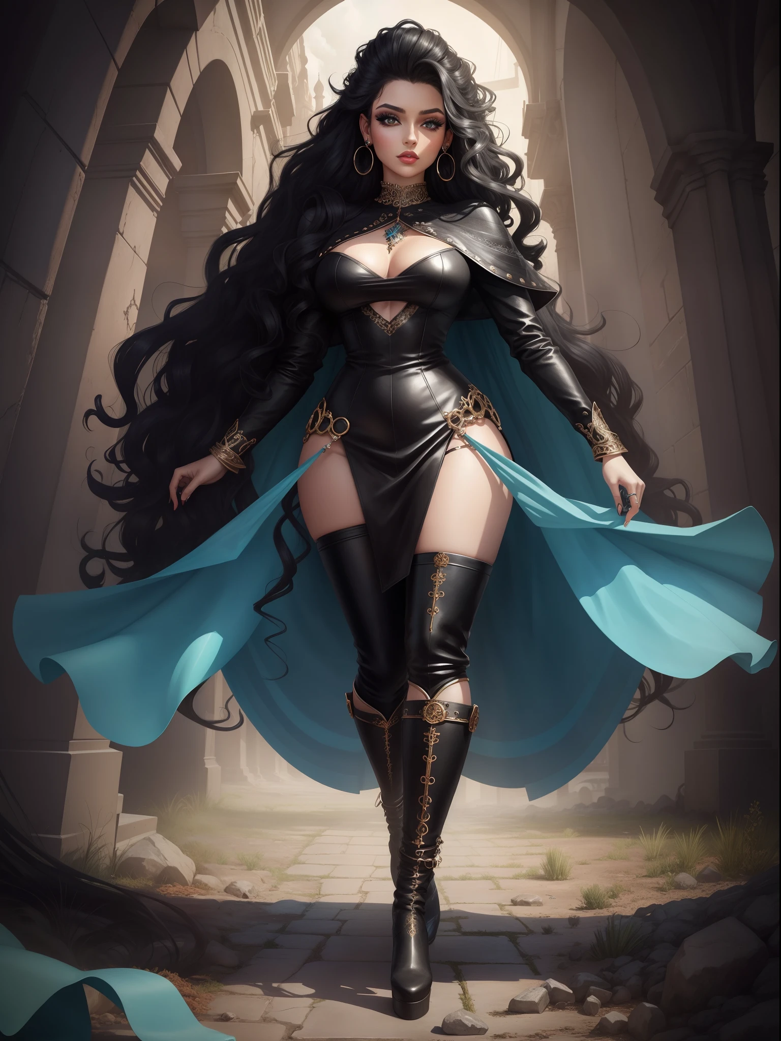 DigiArt Style, looking at viewer, full body, digital art, 1girl, solo, long curly hair, black hair, ((azur eyes)), earrings, full lips, eyelashes, makeup,  jewelry, fantasy, leather clothes, boots, stilletos